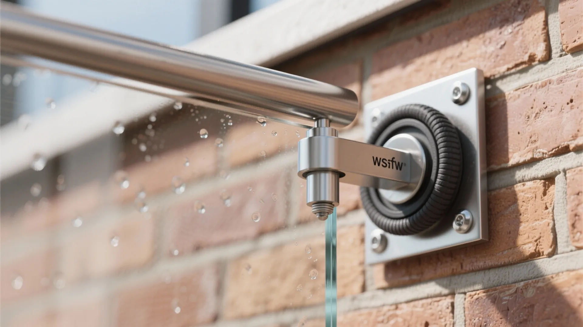 Metal bracket holding clear glass panel against red brick wall with many small water droplets