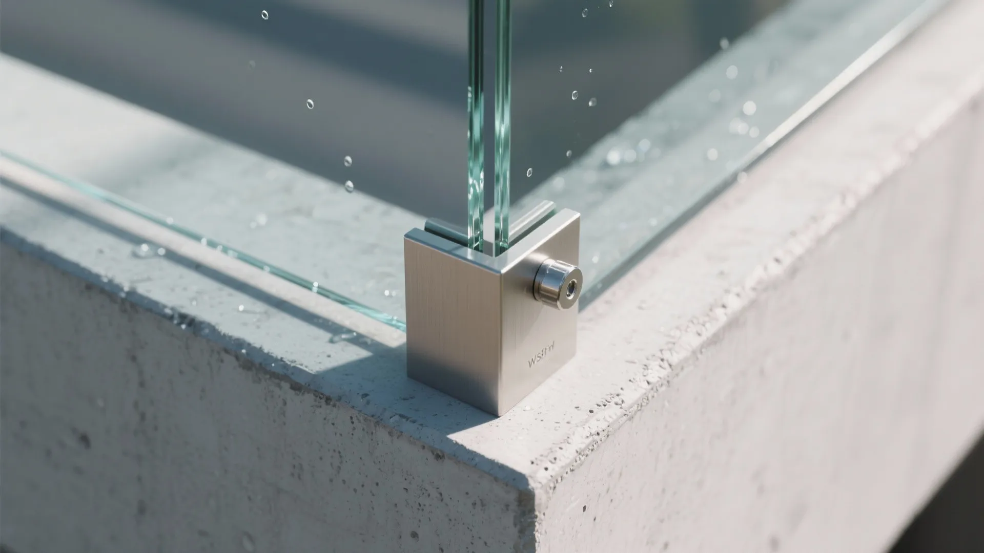Close up of metal glass clip holding a clear glass panel on a concrete base