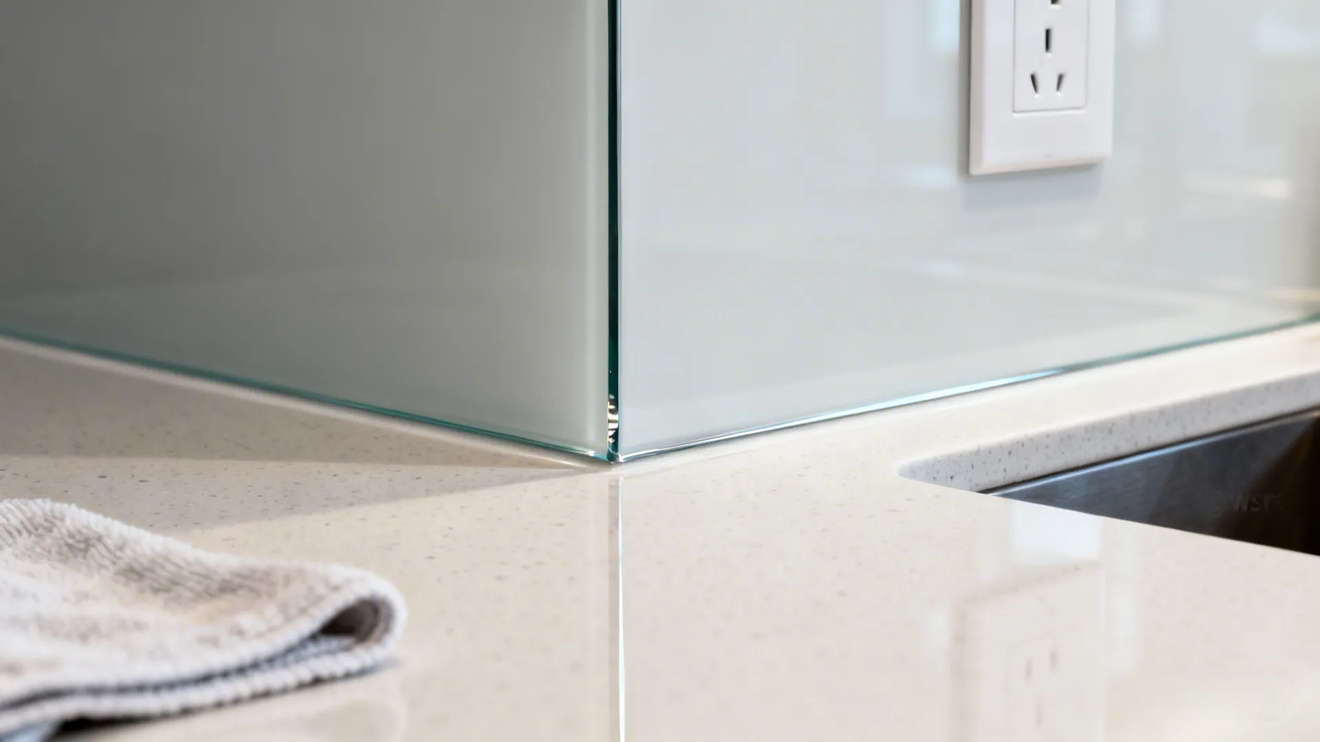 Macro of back-painted glass backsplash edge with precise outlet cut and light quartz counter.