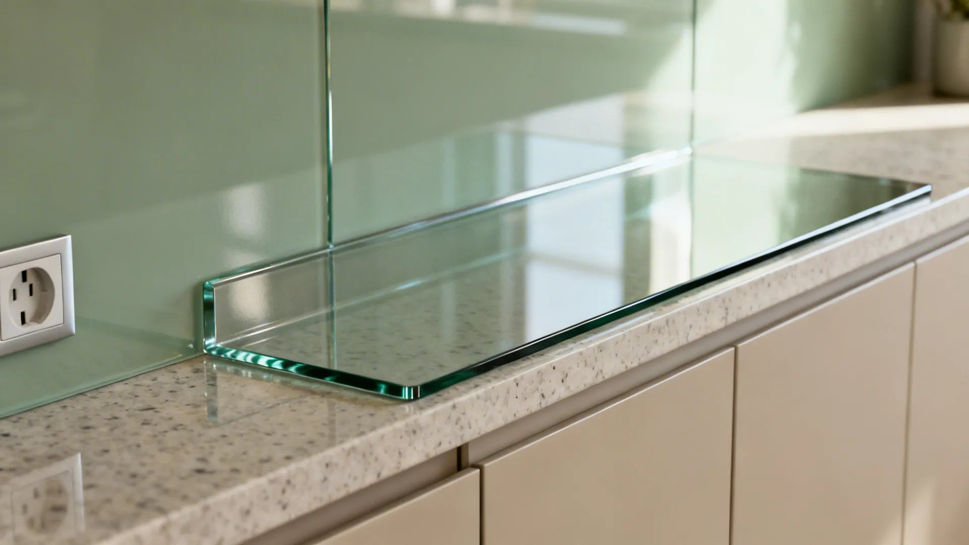 Macro of satin low-iron glass backsplash edge and precise outlet cutout.