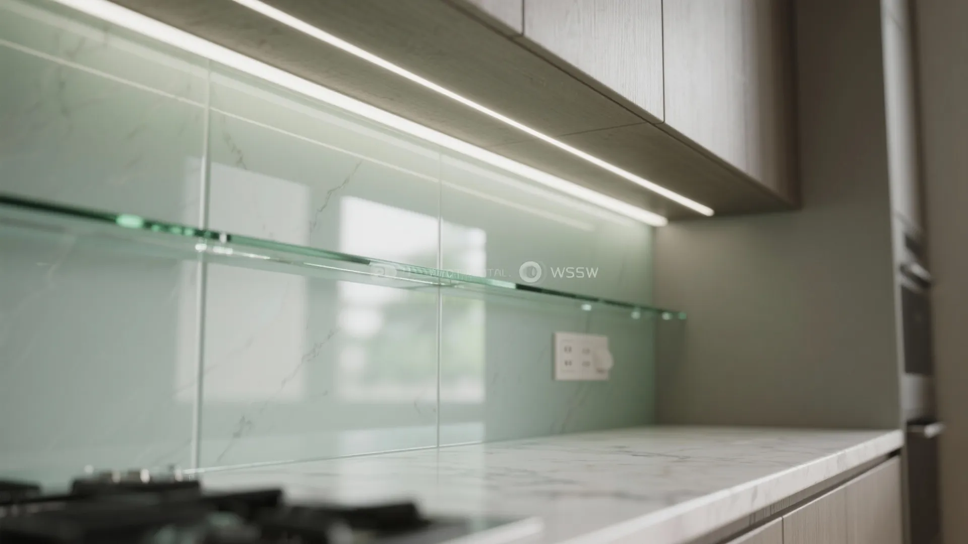 Transparent surfaces: glass backsplash and open sightlines