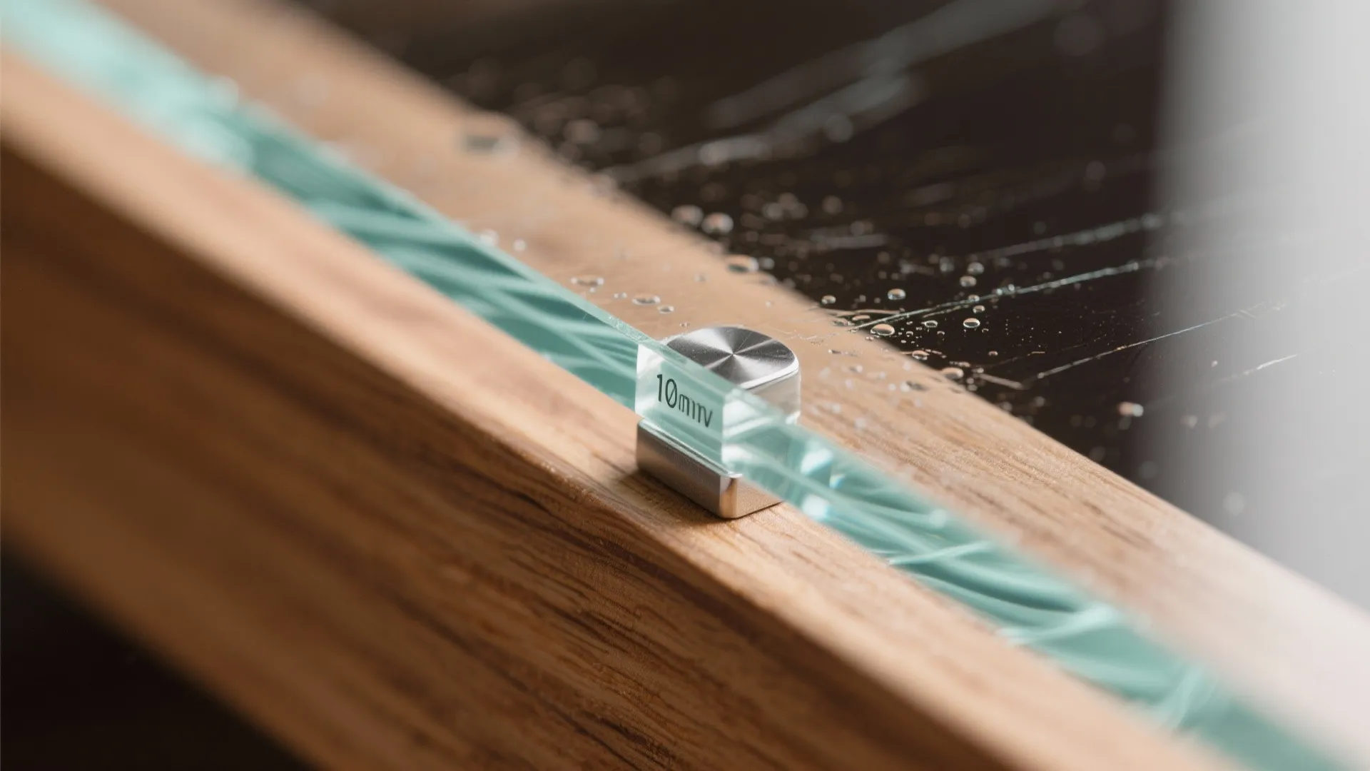 Macro of tempered glass with minimal stainless fitting and hydrophobic water beads against warm wood accents.