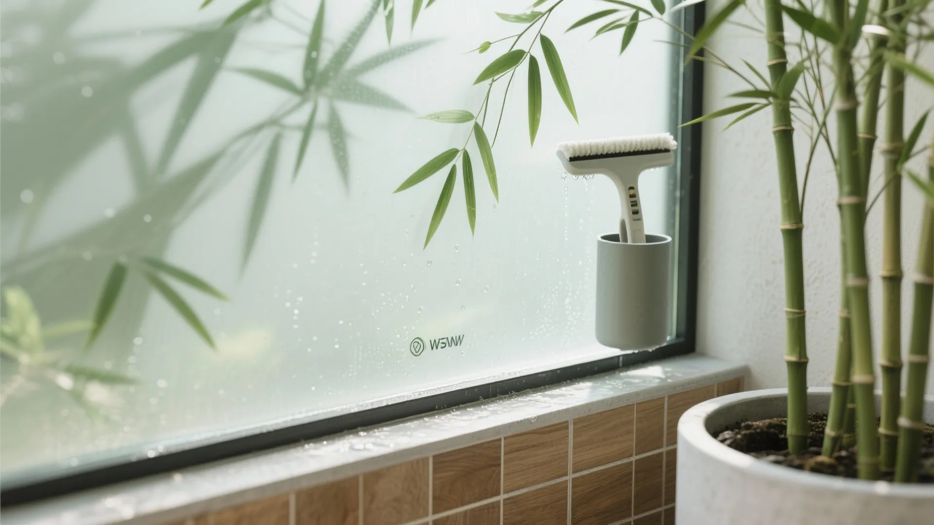 Close-up of frosted glass diffusing light with bamboo leaf shadows and matte planter edge.