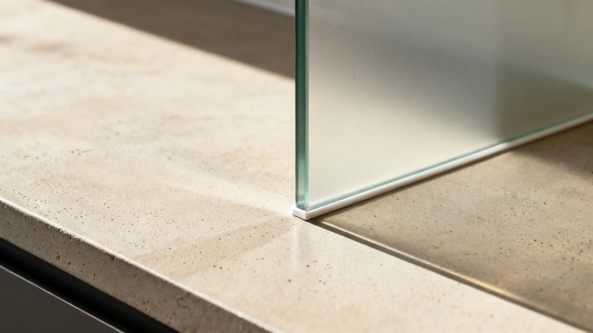 Close up of a frosted glass panel edge sitting on a light colored stone surface