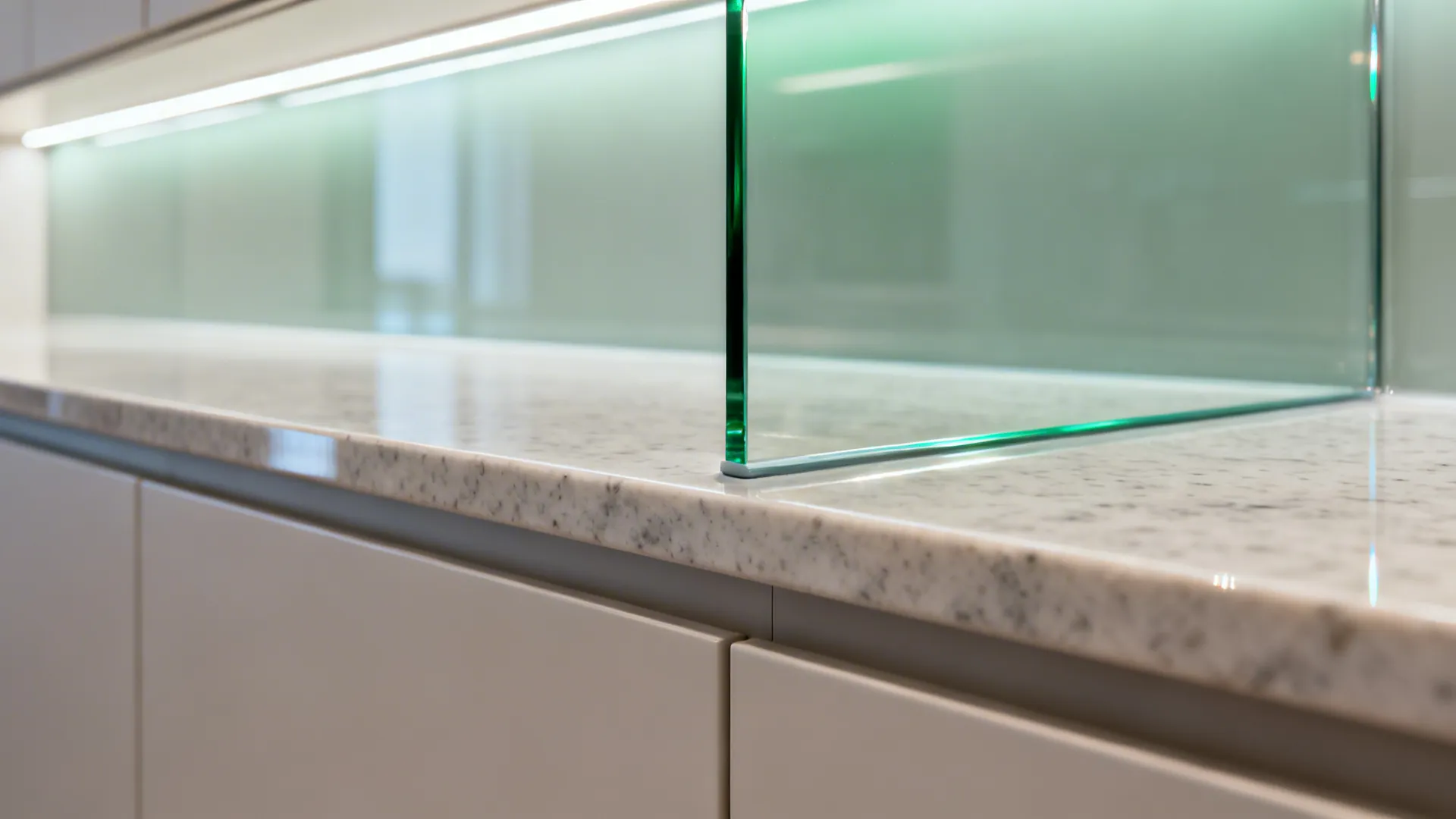 Macro detail of low-iron glass backsplash with diffused LED reflection.