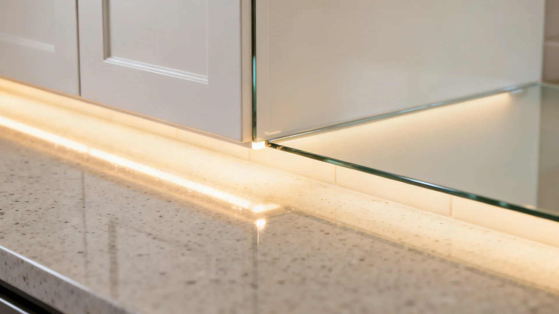Macro of back-painted glass backsplash meeting a satin white door and quartz top under warm LED light.