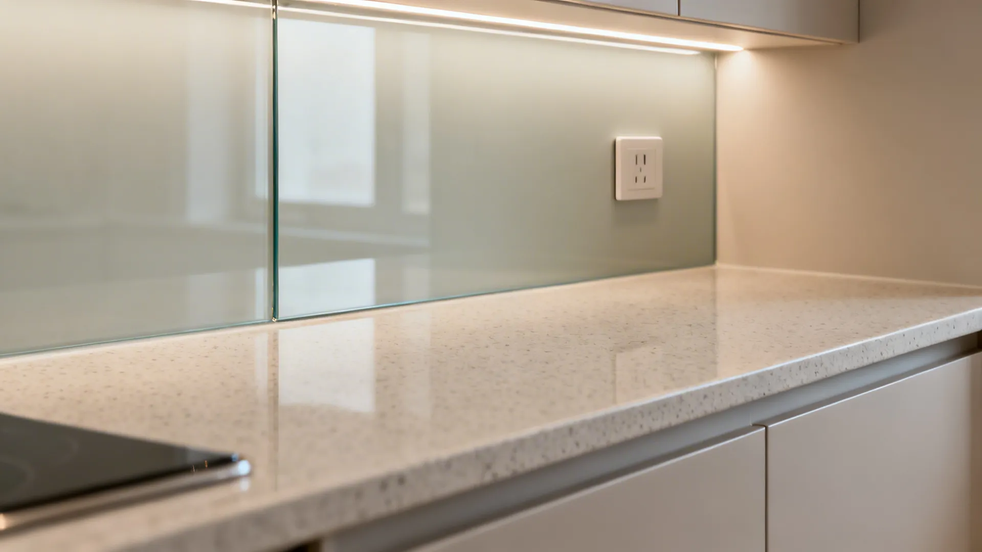 Close-up of glass backsplash meeting quartz counter with precise outlet cutout and LED light.