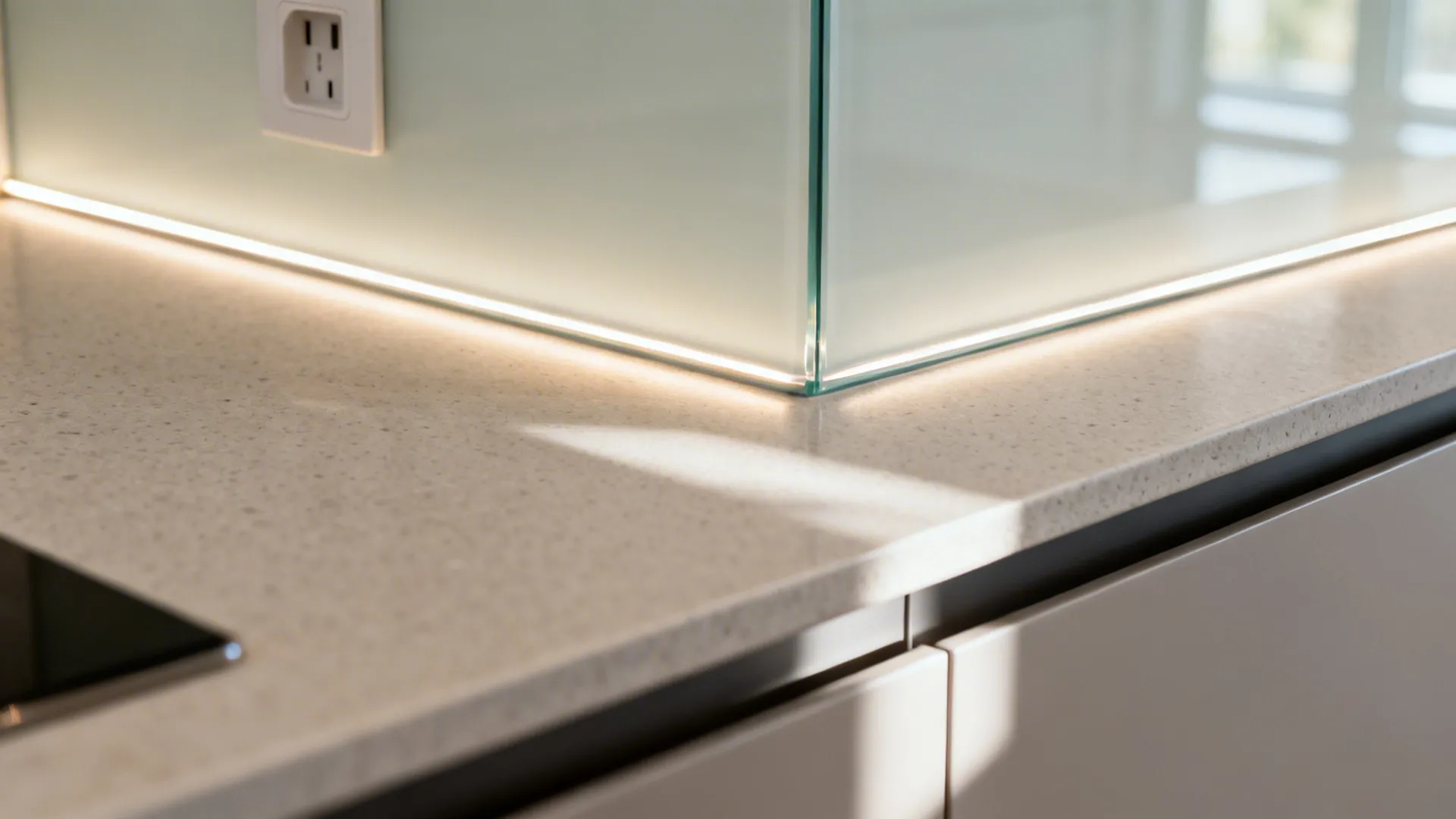 Macro detail of back-painted glass meeting matte quartz with a clean outlet cutout.