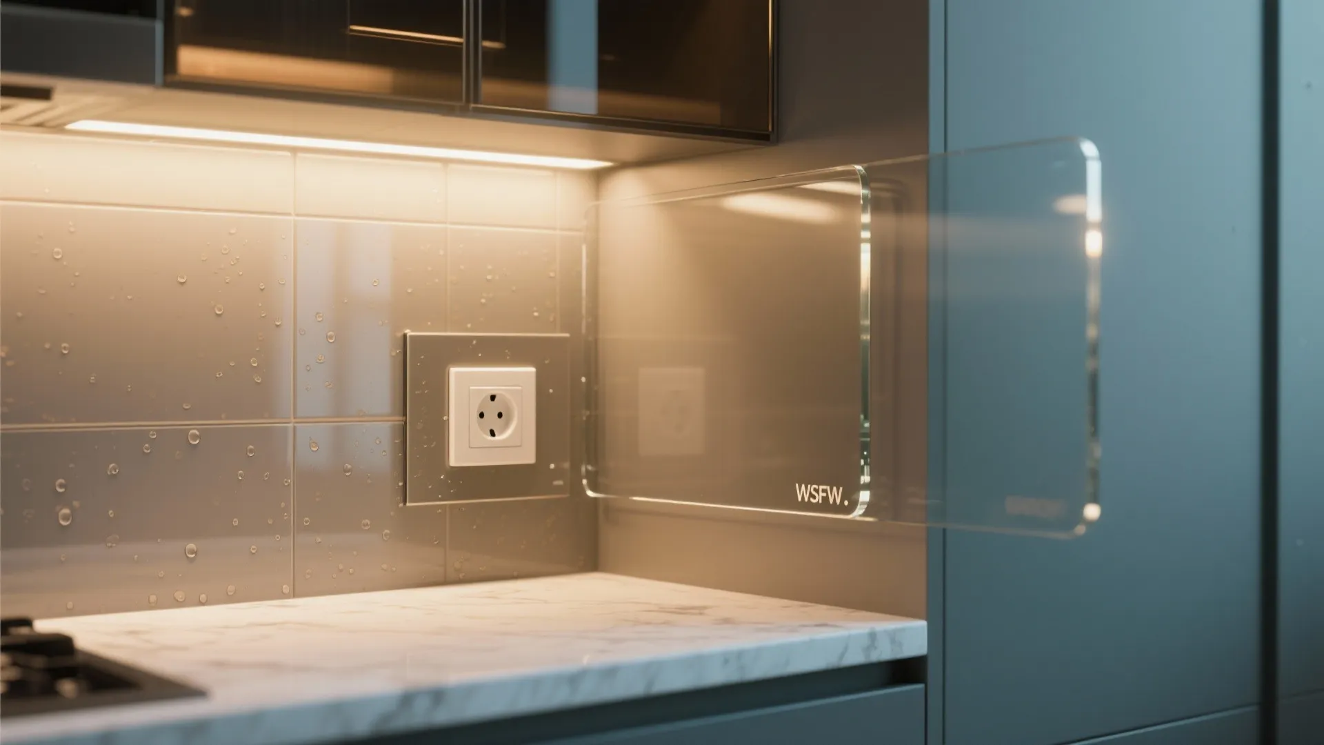 Glass backsplash to boost light and cleanability