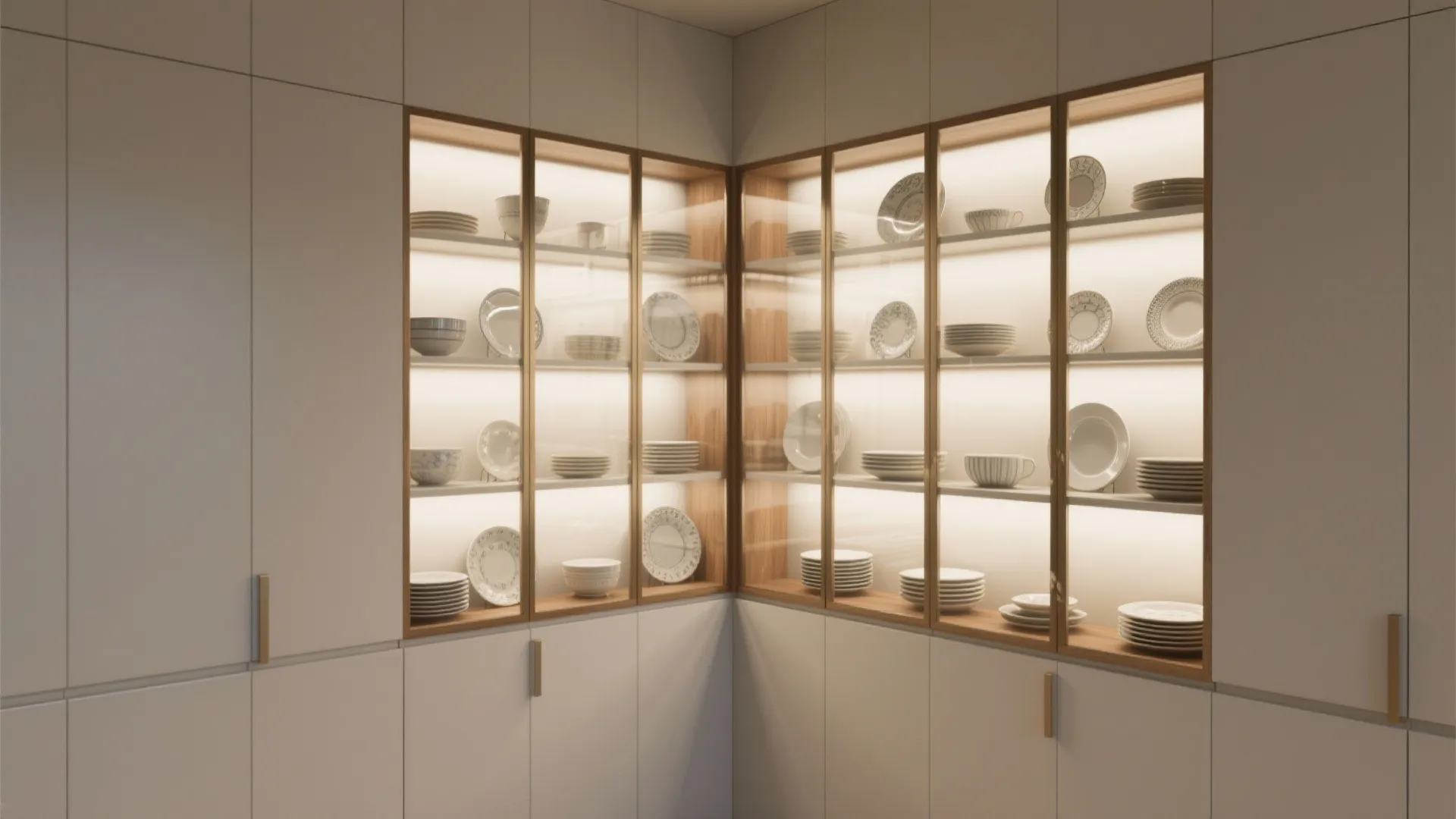 Diagonal glass-front corner cabinet with interior lighting and displayed dishware