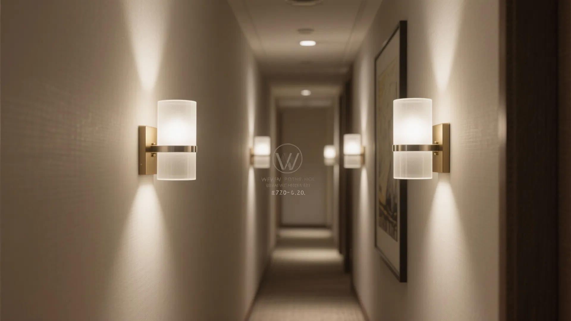 Long narrow hallway with warm gold wall lights featuring frosted glass covers and soft light