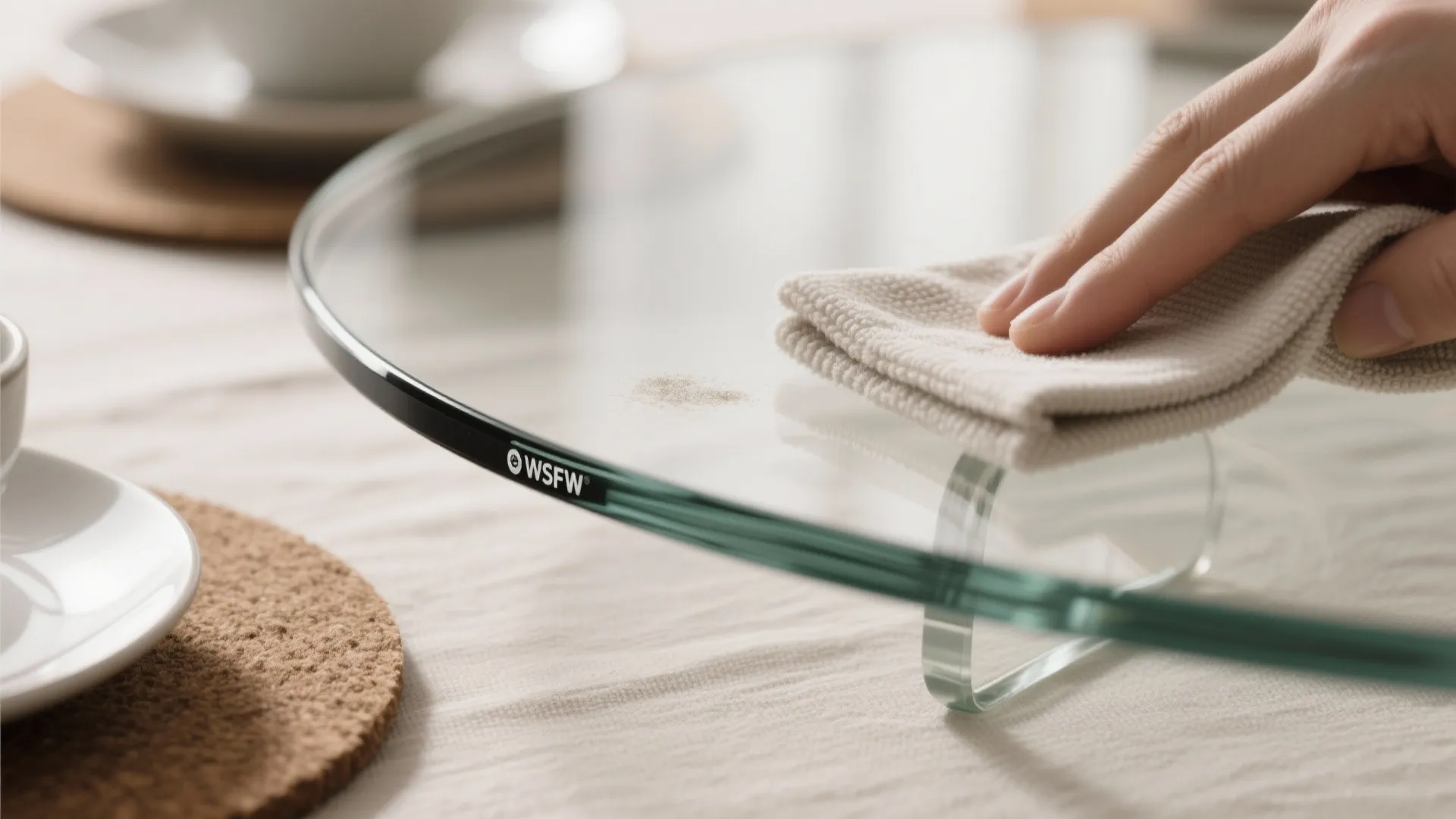 Close-up of tempered glass edge banding, felt pads, coasters and a microfiber cloth for safe care