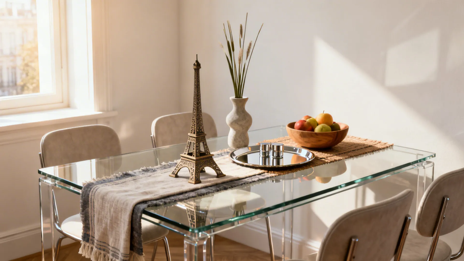 Modern glass dining table with Eiffel Tower model fruit bowl and grey chairs near window
