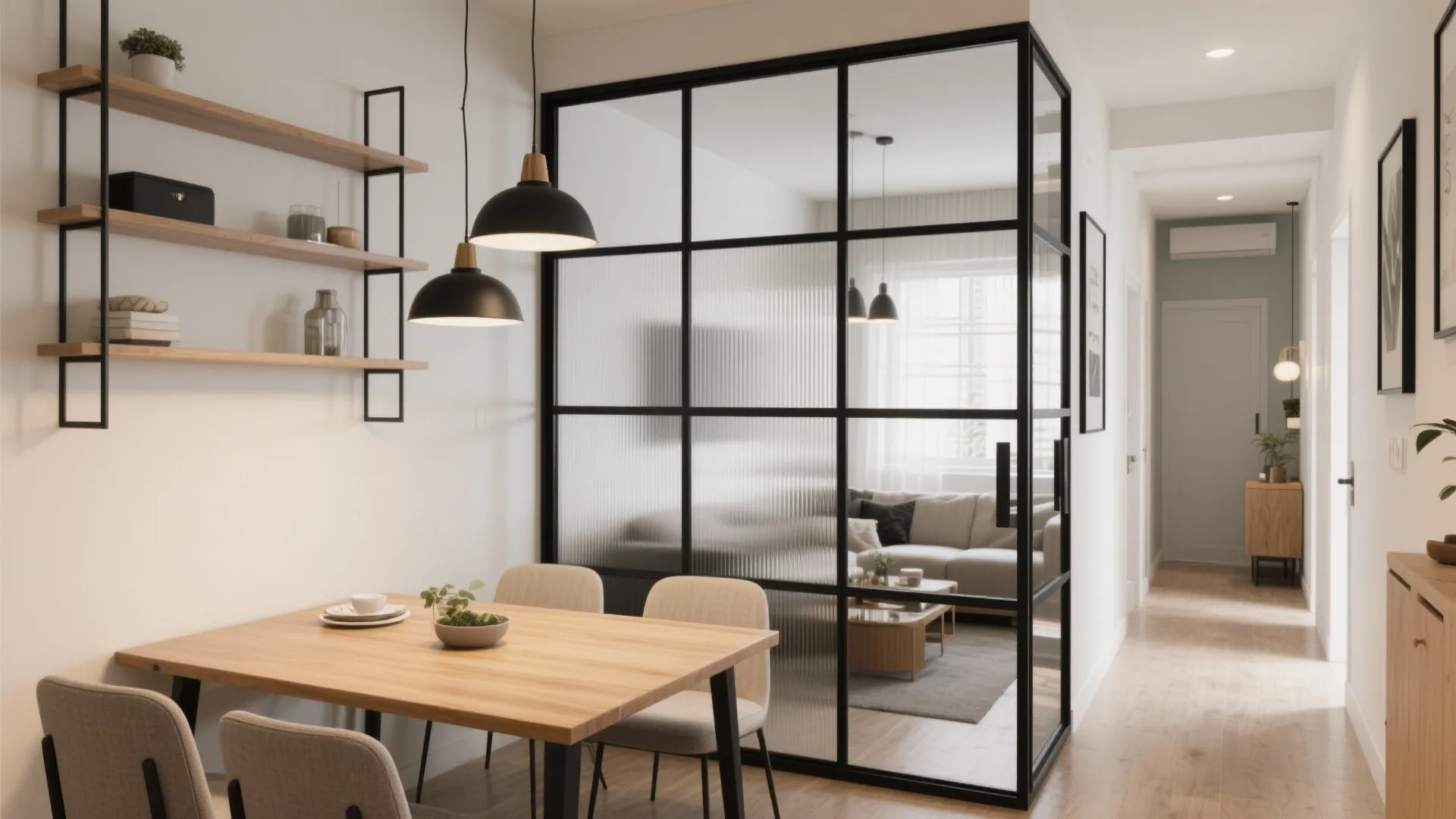 Glass partitions for a brighter dining nook