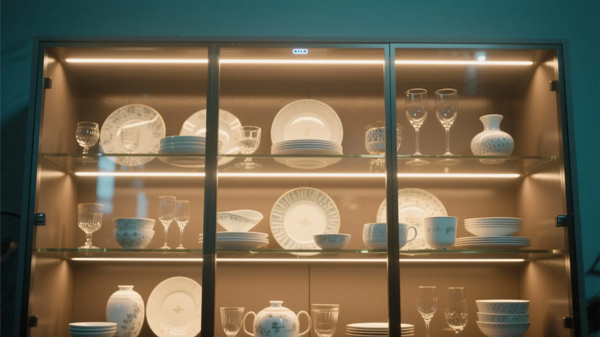 Glass display cabinet with shelf light strips showing ceramic plates, bowls, tea set, and glasses