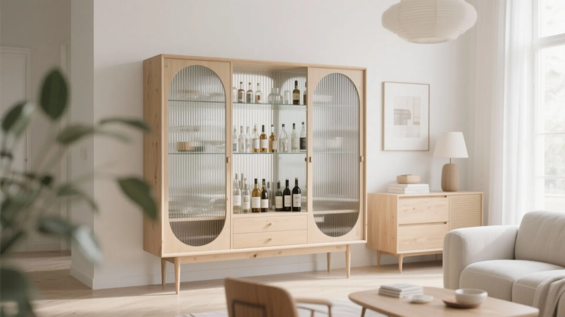 Glass-fronted bar cabinet in Scandinavian-style living room
