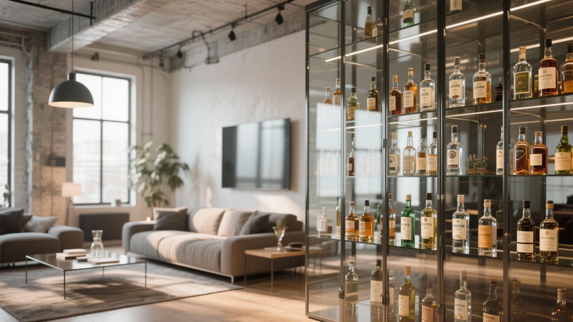 Glass-front cabinets in modern loft living room bar