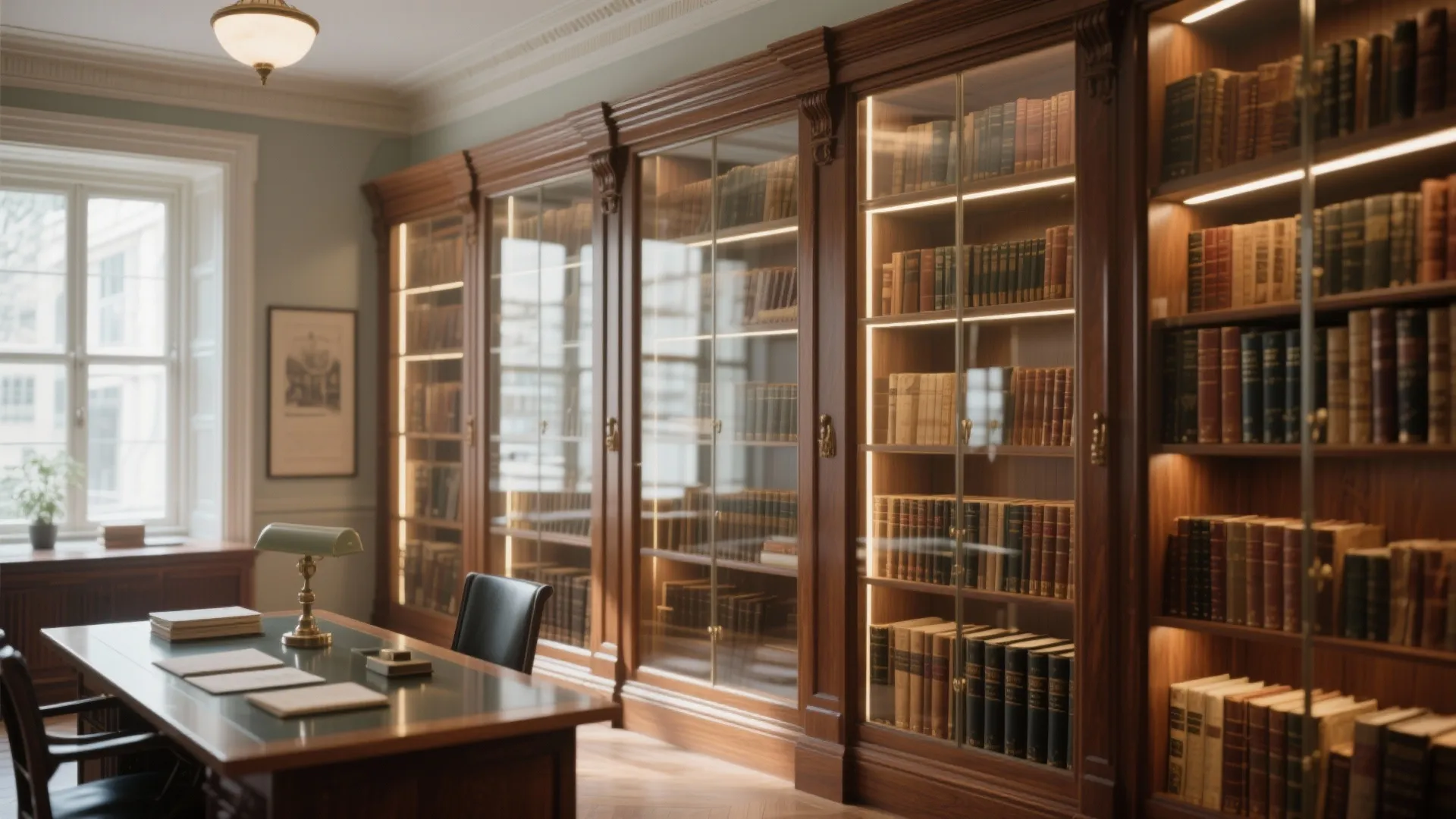 Classic wood study room with glass cabinet bookshelves leather chair desk and warm ceiling light