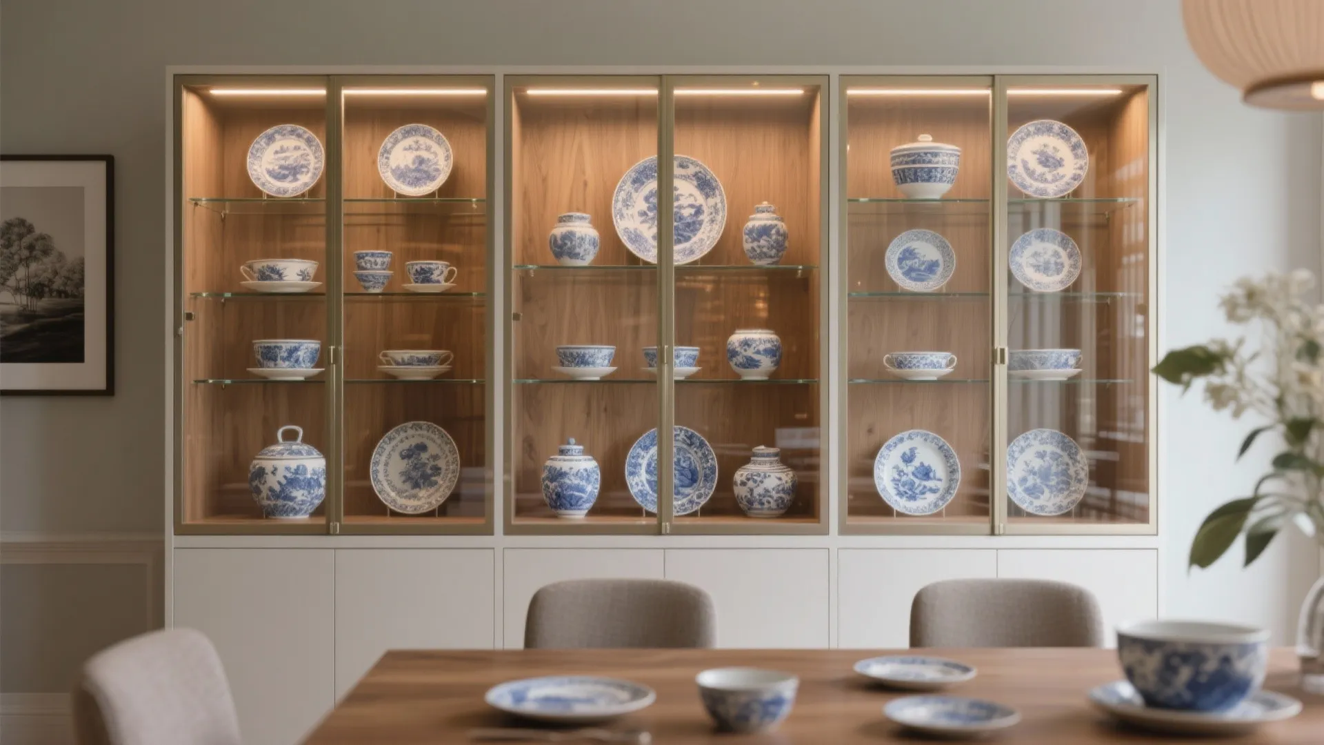 Modern wood cabinet with glass doors displaying blue and white ceramic plates and tea sets