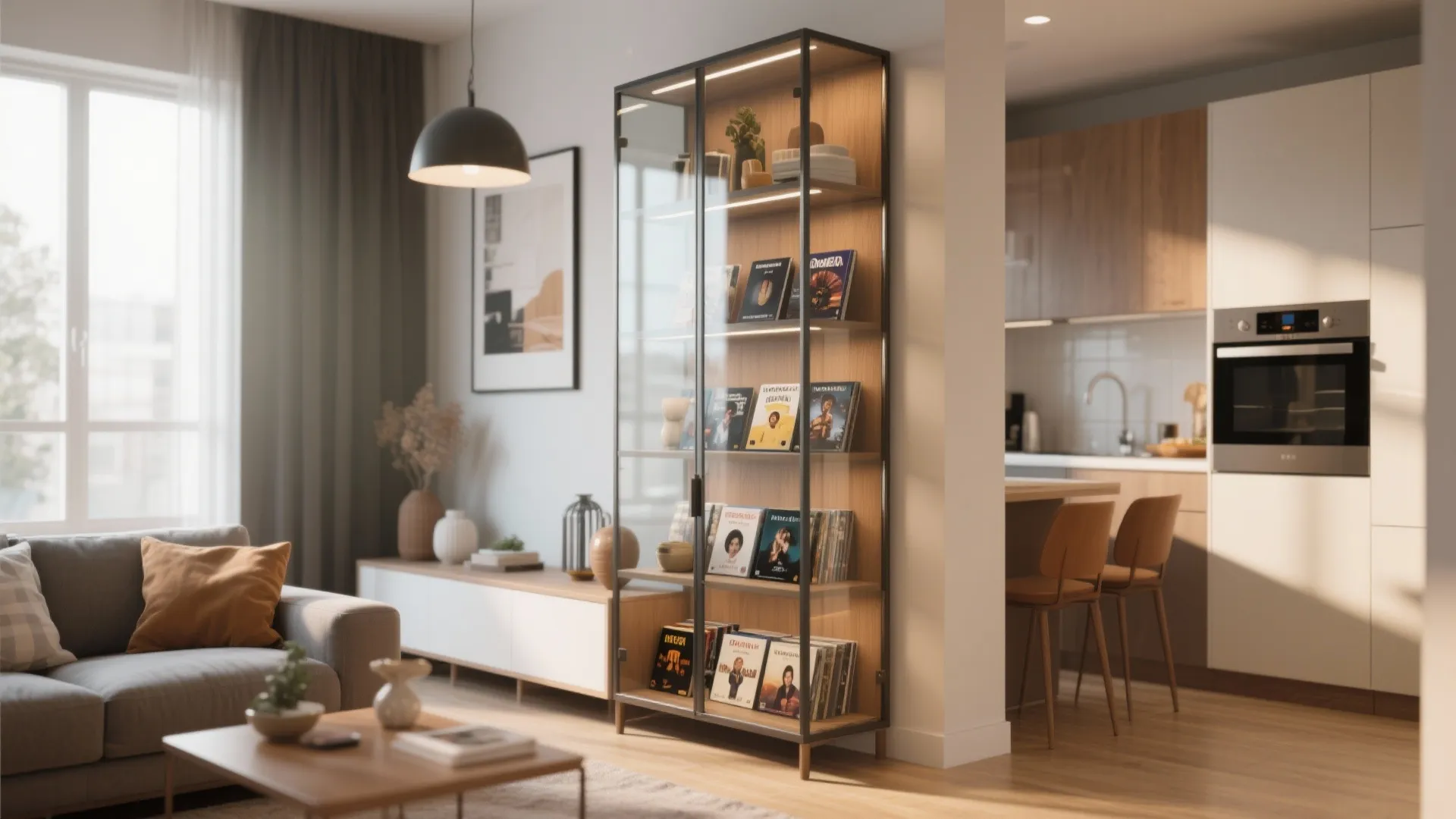 Slim glass-front display cabinet showing DVDs and decor items