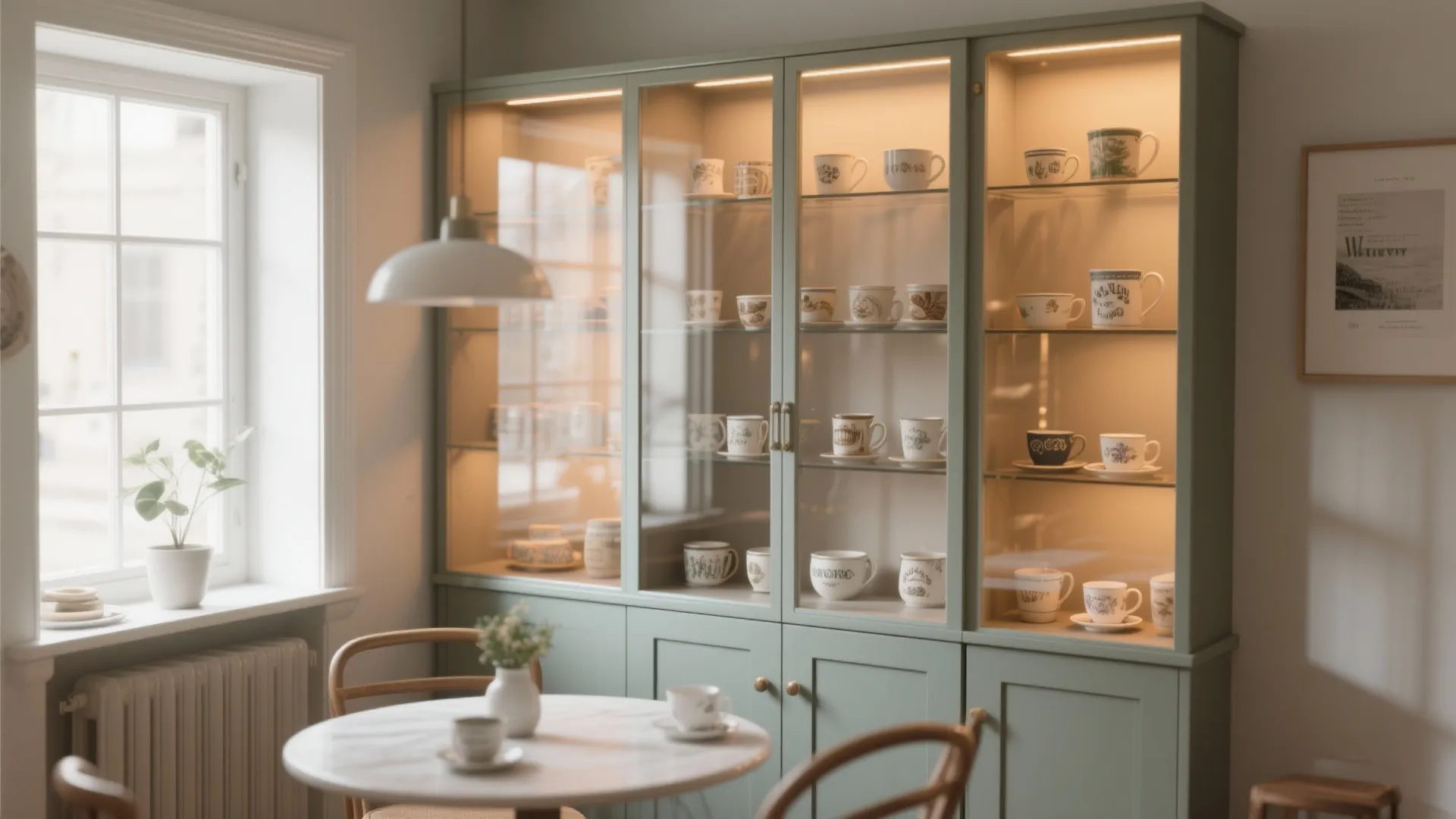 Sage green glass cabinet with internal lighting displaying ceramic mugs next to a small dining table