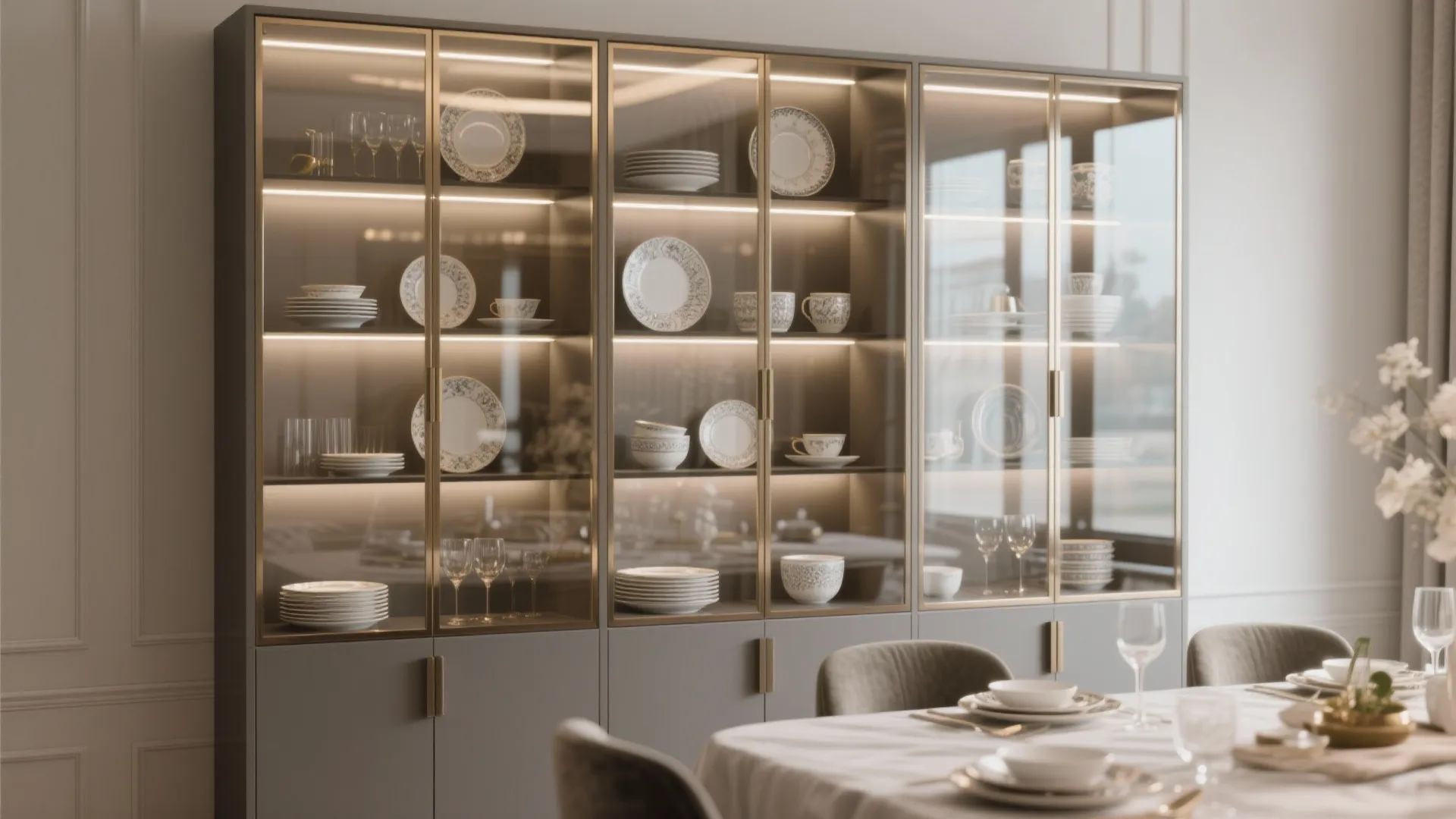 Modern grey glass cabinet with built-in light fixture showing white plates and wine glass collection