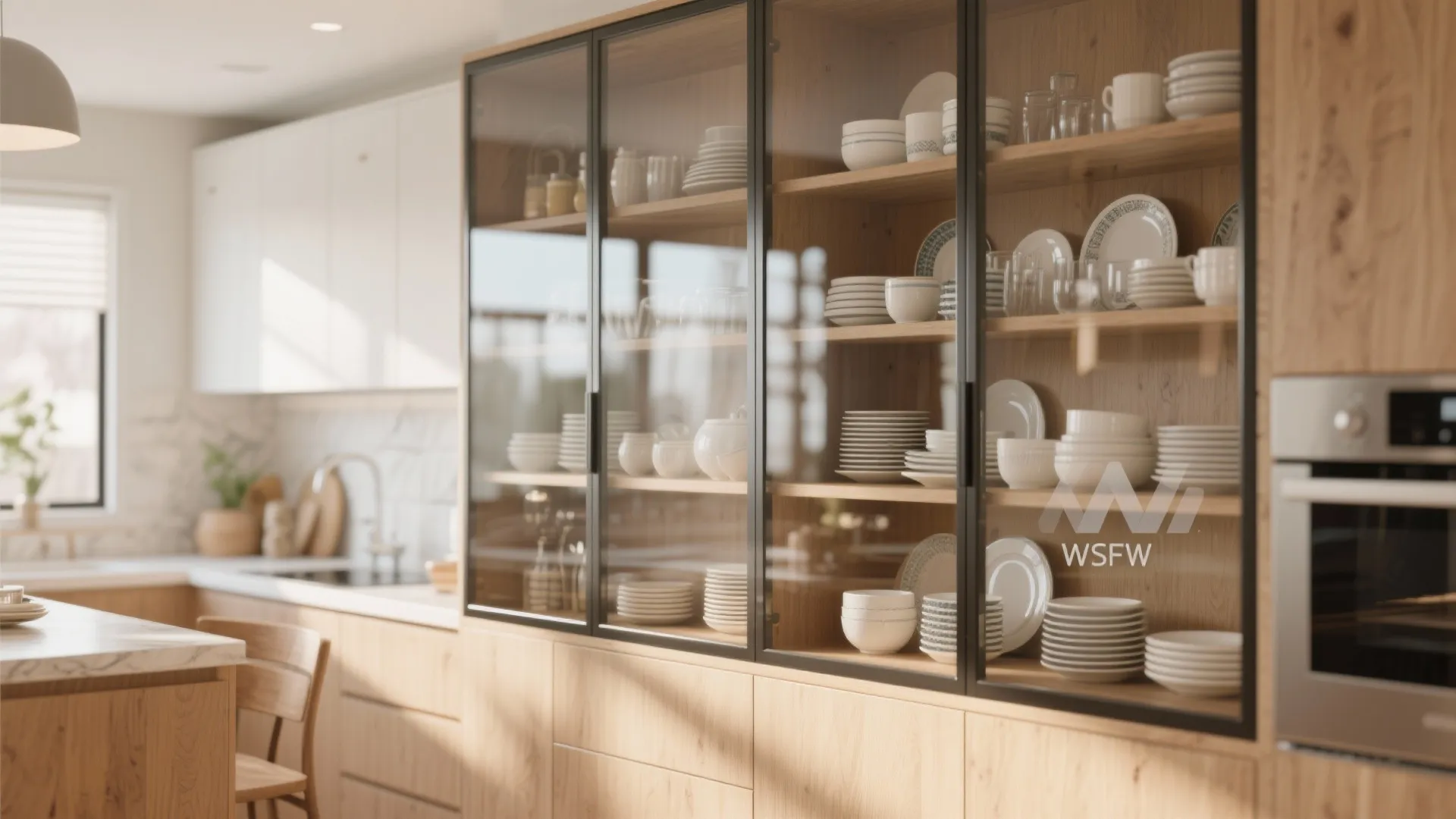 Wooden kitchen with glass door cabinet showing neat rows of plates cups and white bowls