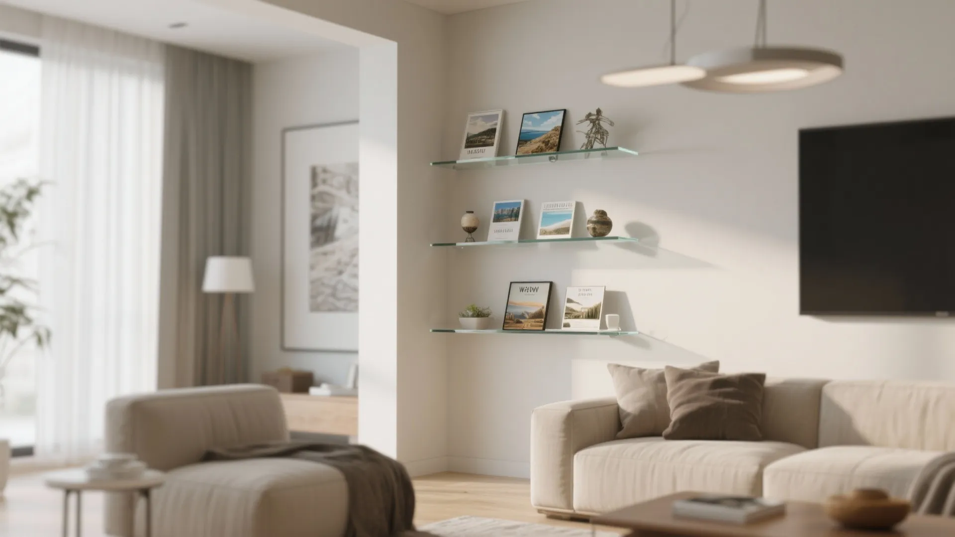 Glass corner shelves with travel souvenirs in a bright living room