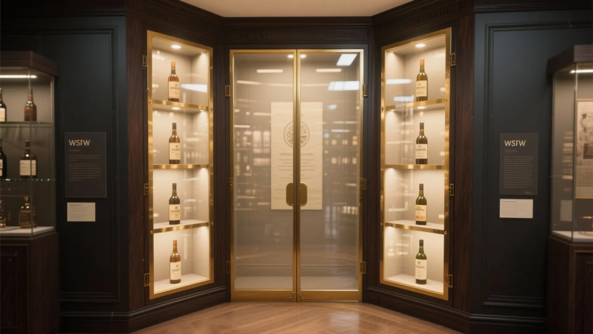 Framed glass-front display nook with interior LED lighting showcasing bourbon bottles and brass trim.