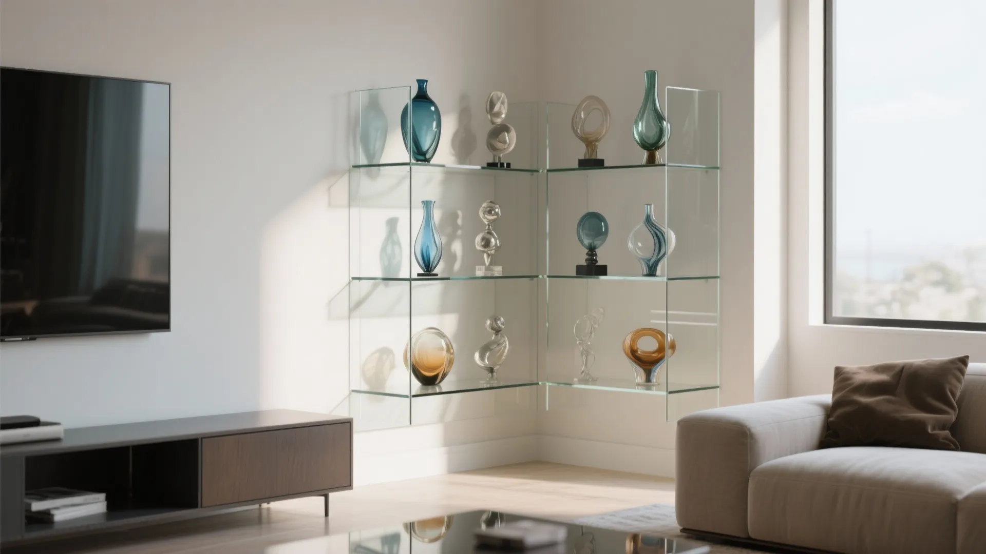 Glass corner wall shelves displaying colorful vases and art pieces in a bright modern living room