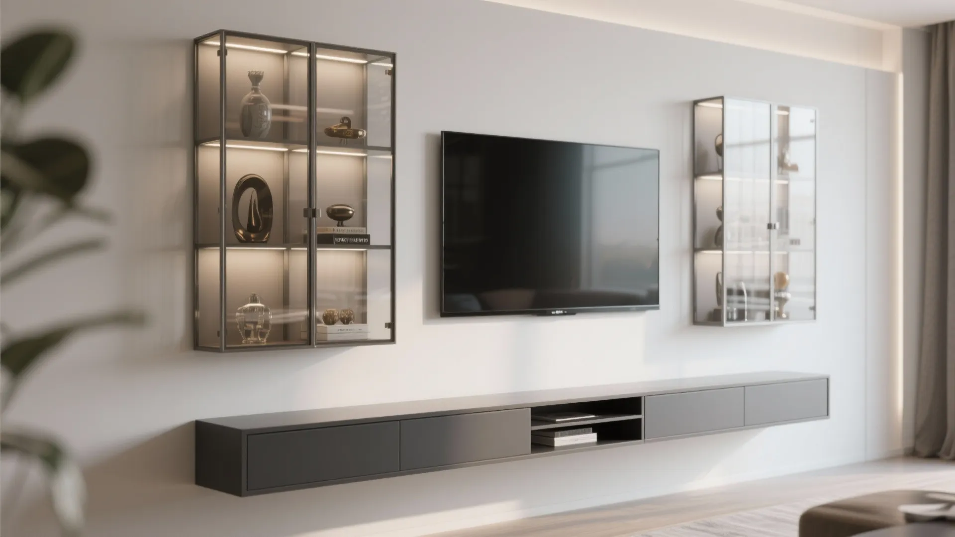 Wall mounted television surrounded by glass display cabinets and long dark grey floating storage cabinet