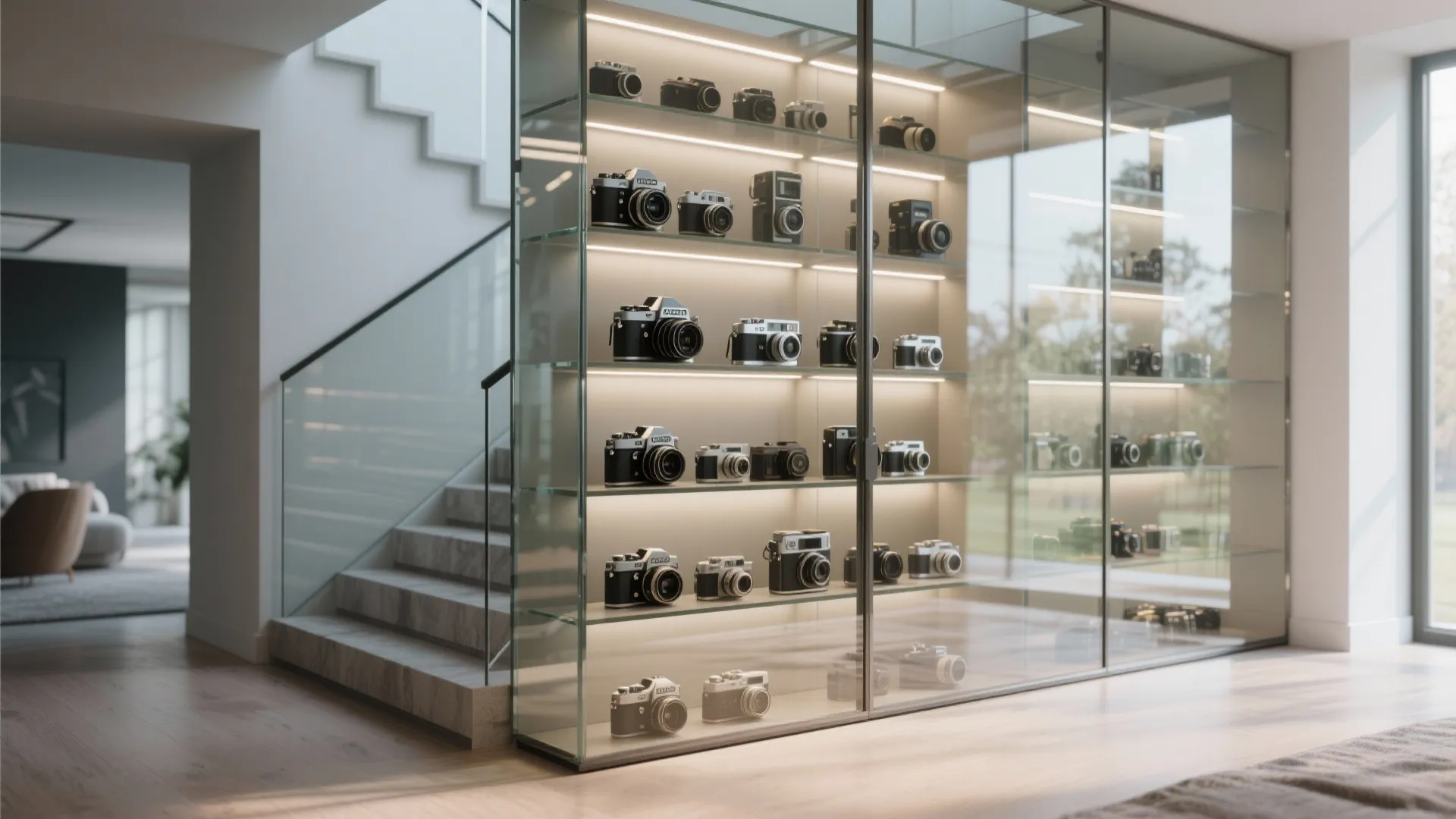 Glass-front display under stairs