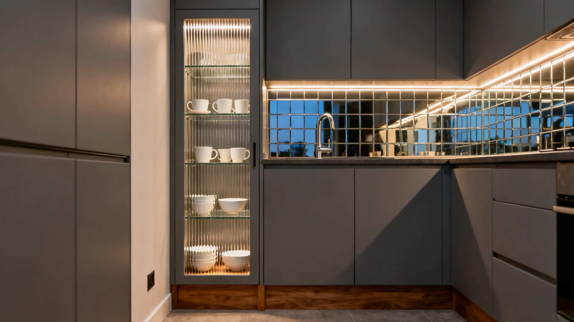 2) Glass-backed display zones for depth and light