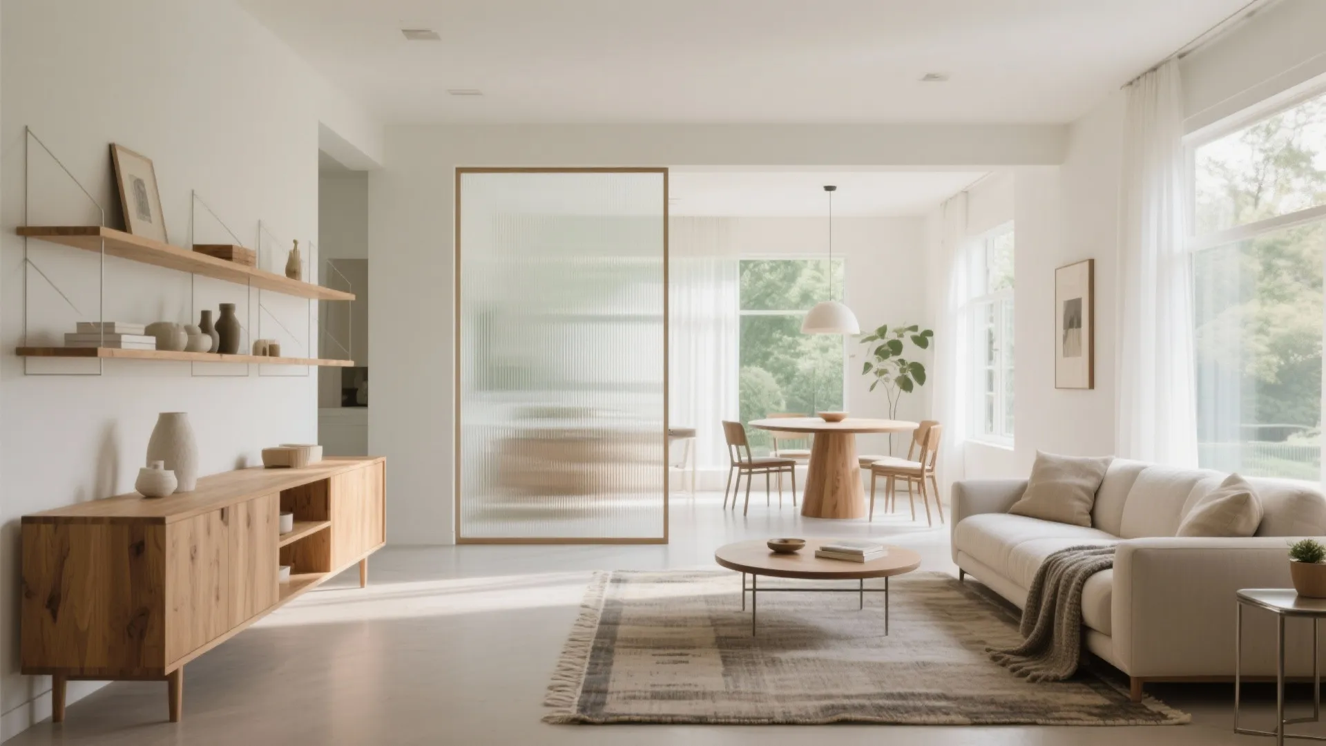 See-through separation: low storage + glass accents