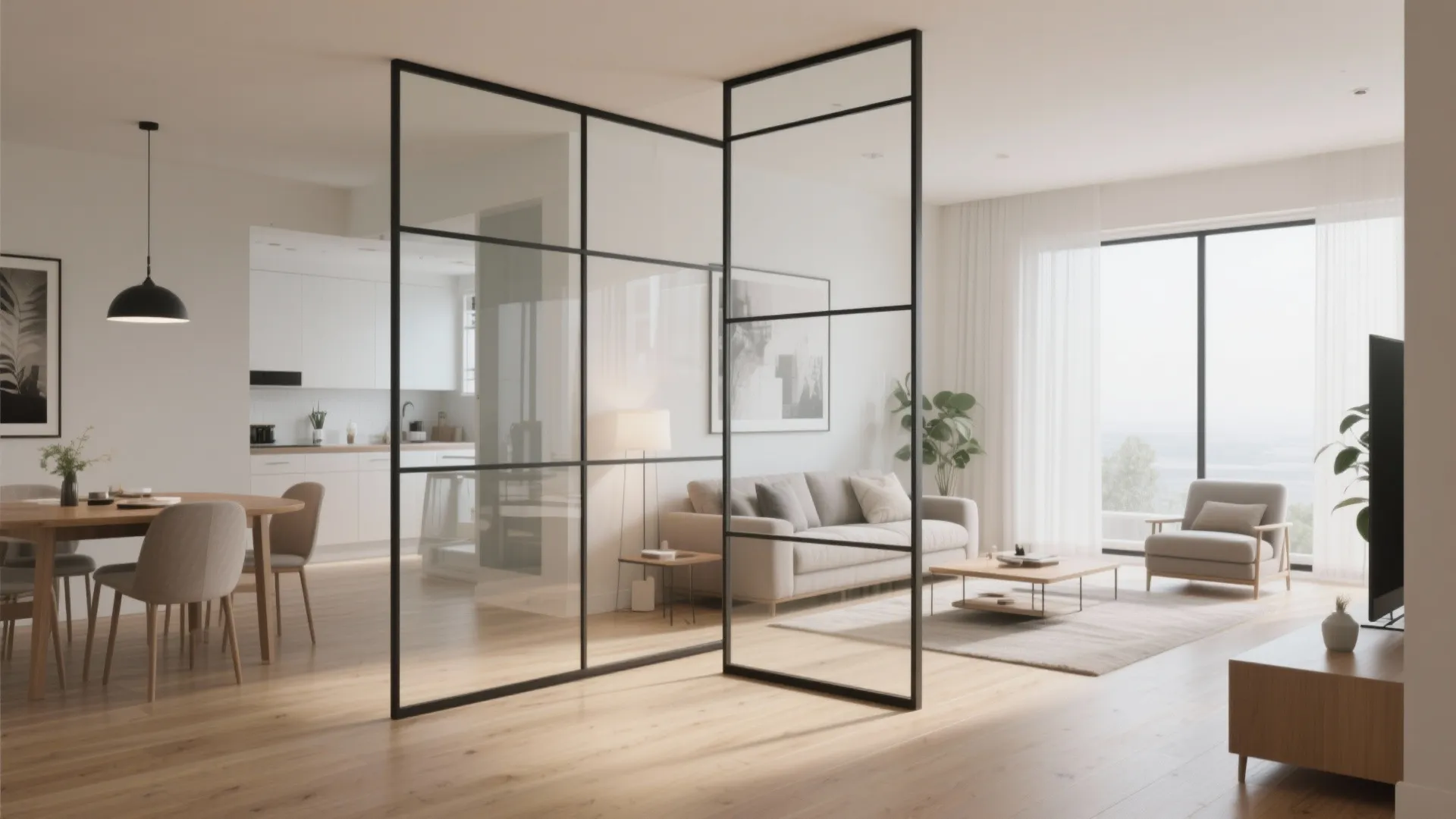 Open plan interior with a black frame glass divider separating the dining and living areas