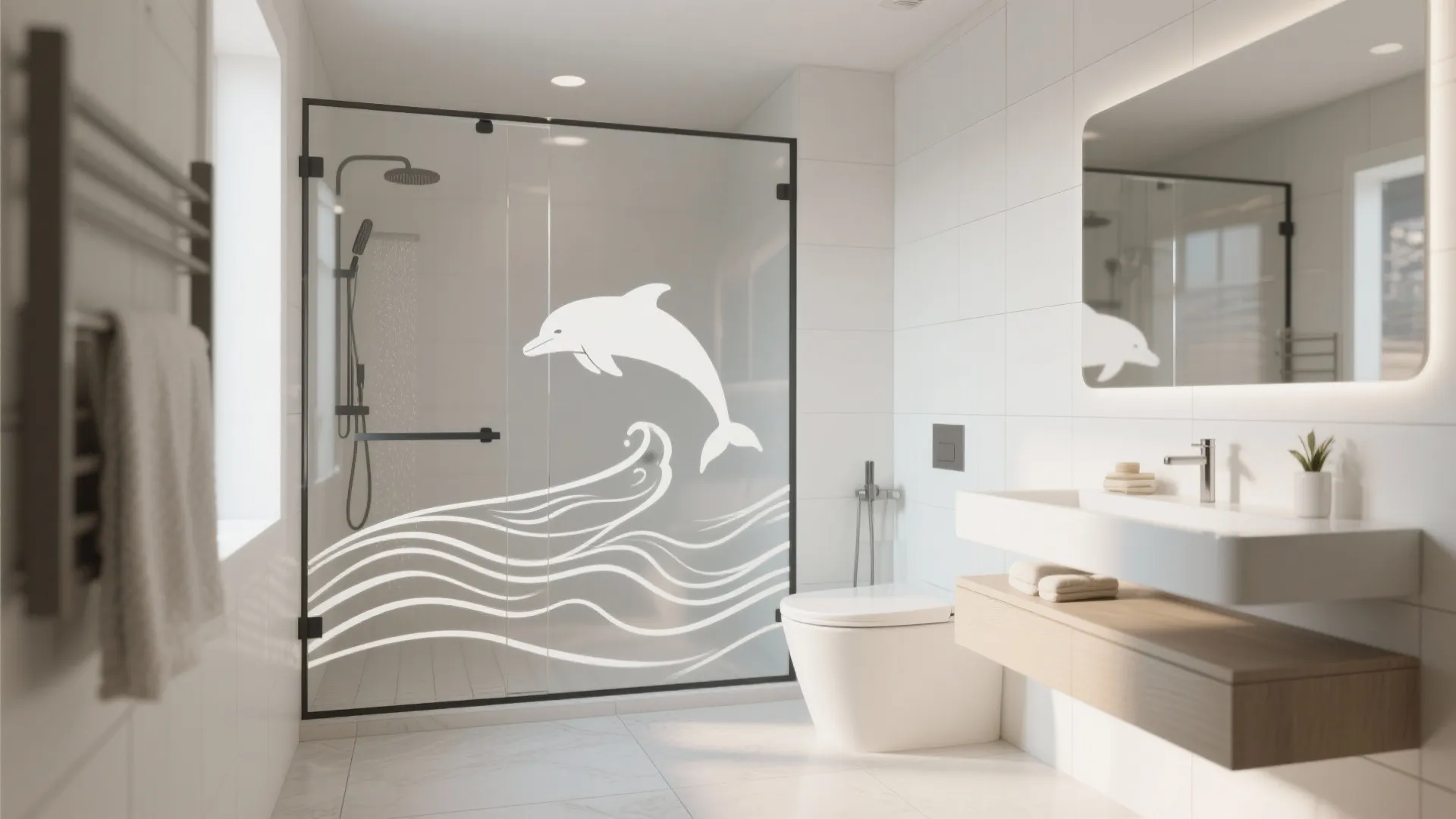 Modern white bathroom featuring a glass shower door with a large white dolphin and wave
