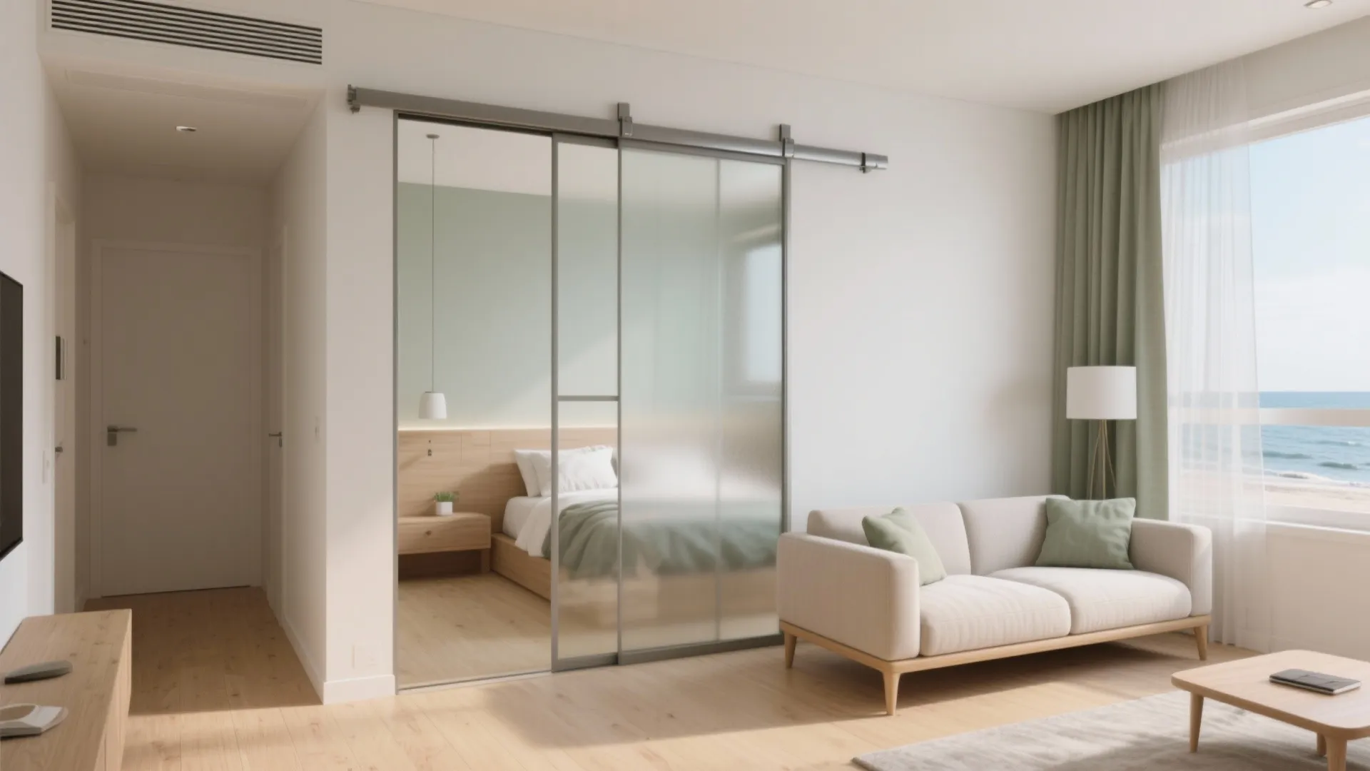 Modern apartment with glass sliding doors separating the living room sofa from the bedroom area