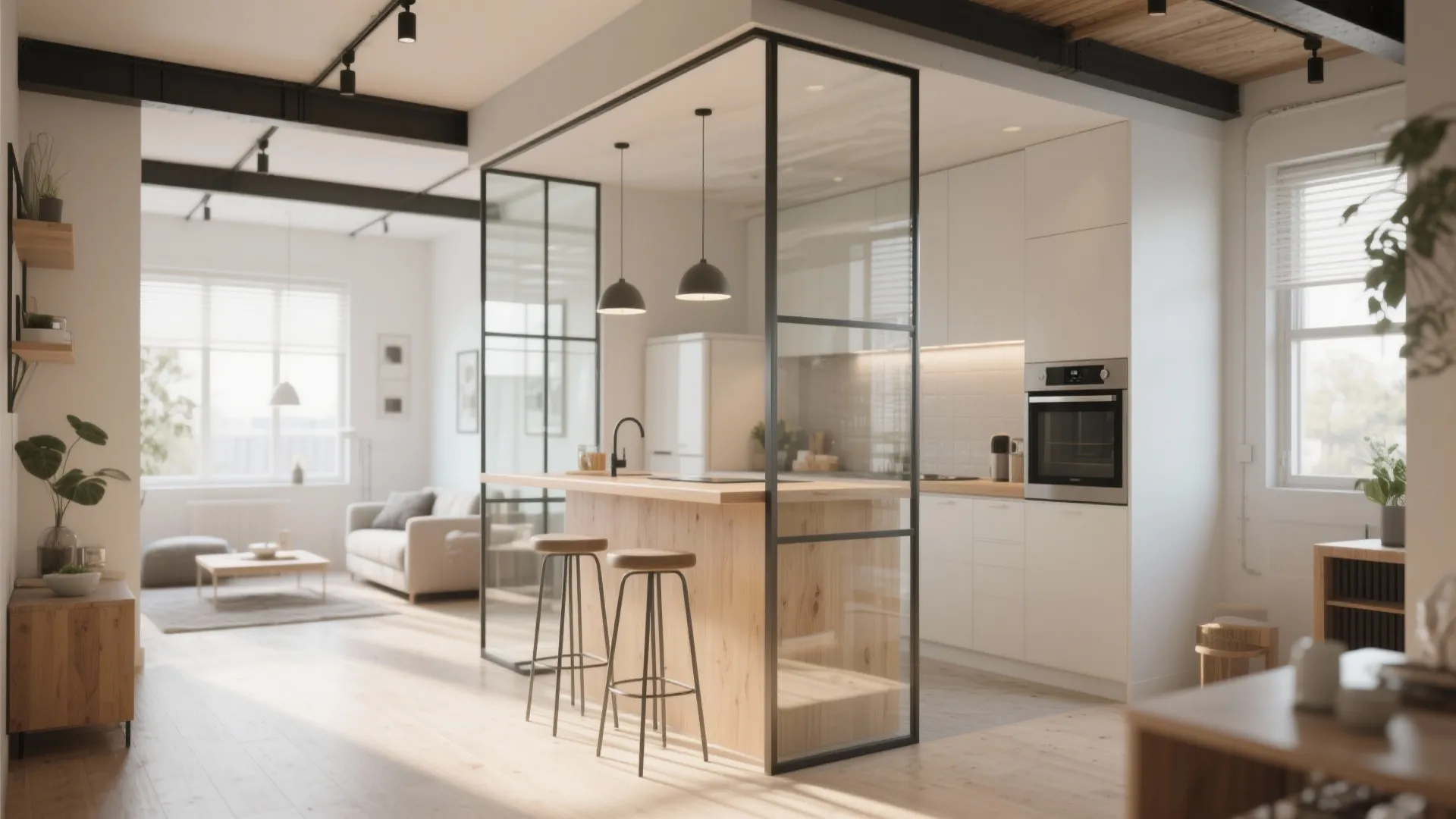 Modern kitchen with glass partition wall wood island breakfast bar two black stools and sofa