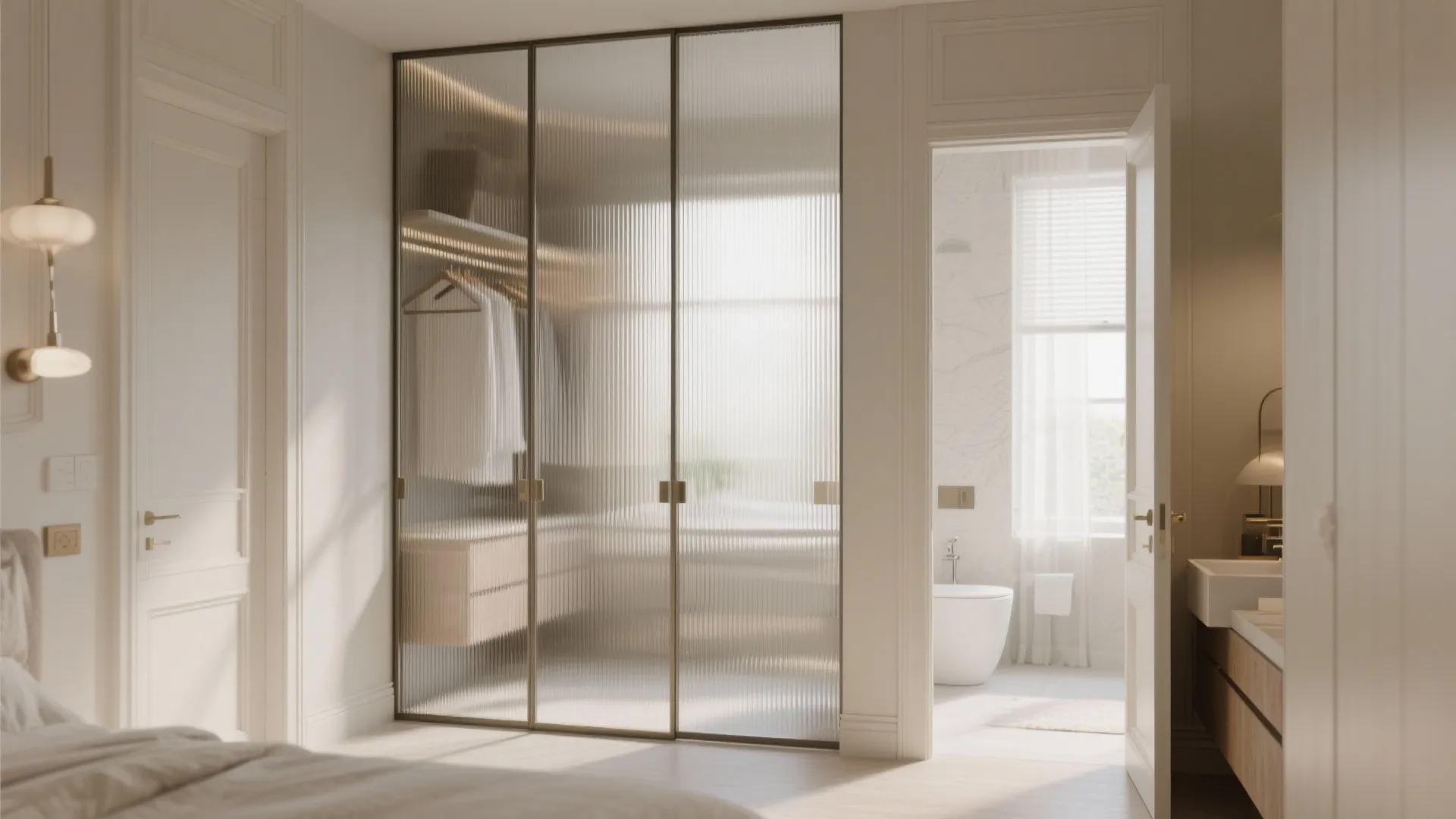Modern bedroom with glass sliding doors opening to a bright bathroom with a white bathtub