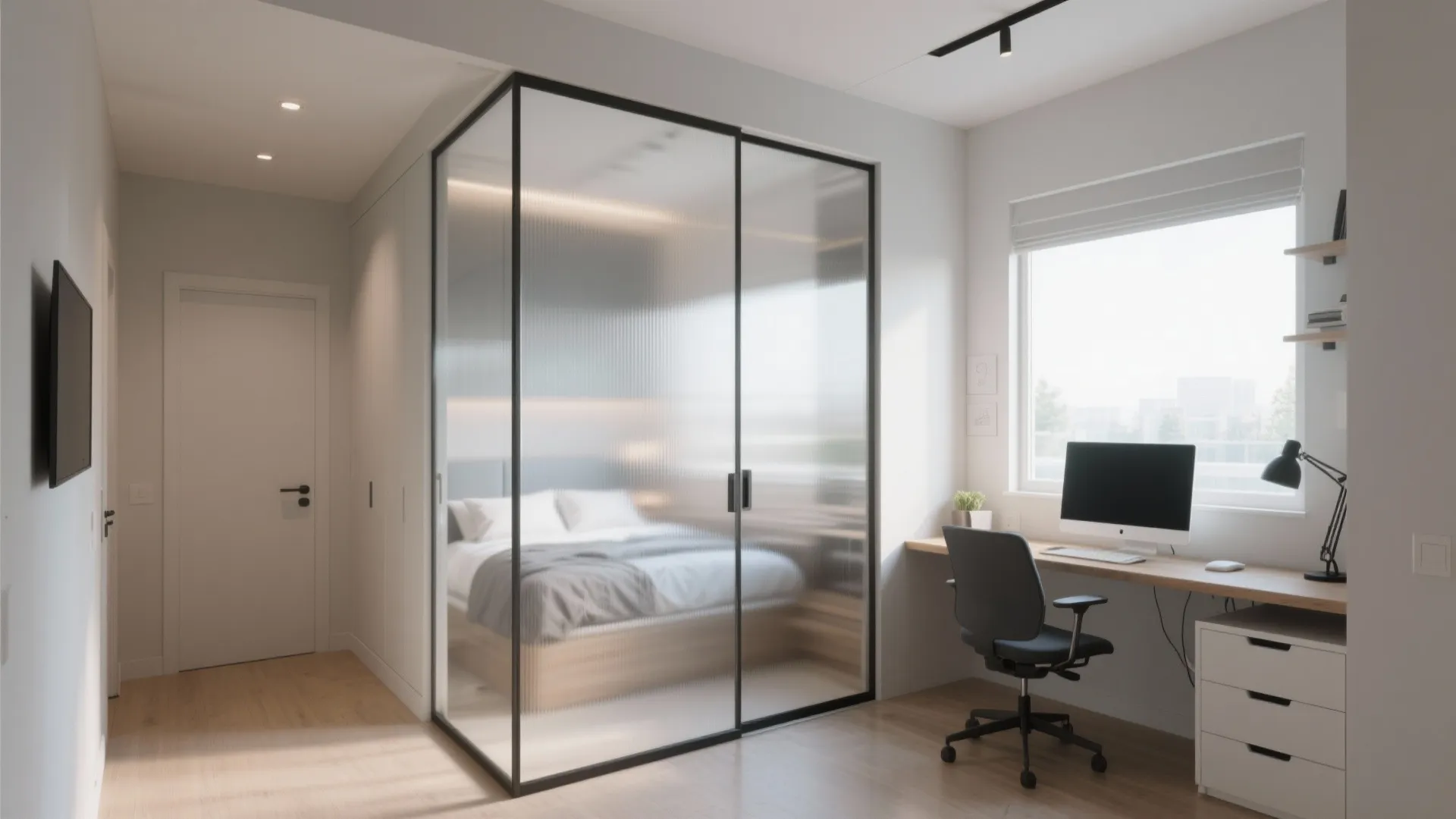 Interior design showing a glass wall divider separating a bed from a home office area