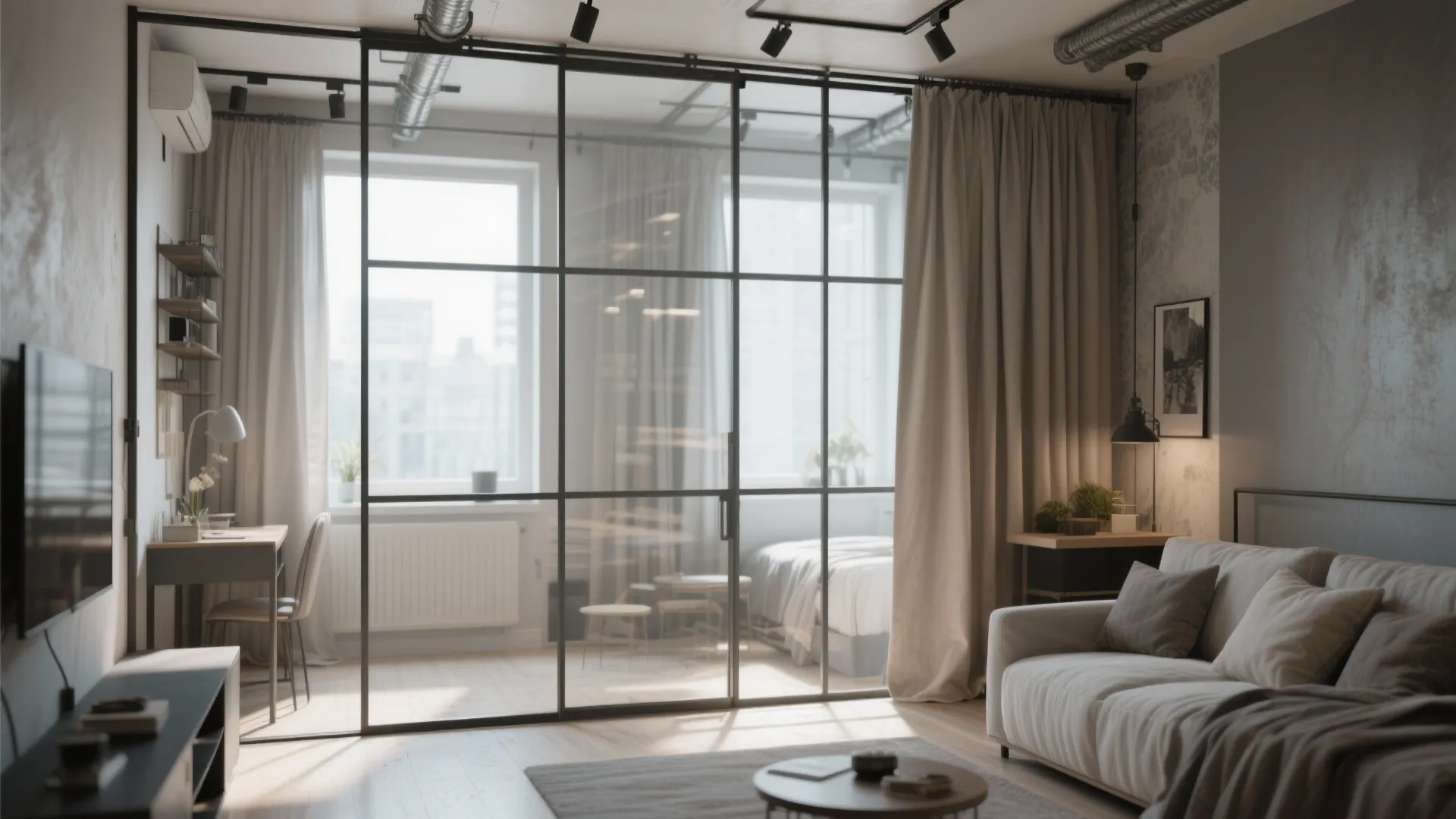 8. Glass Room Divider with Curtains