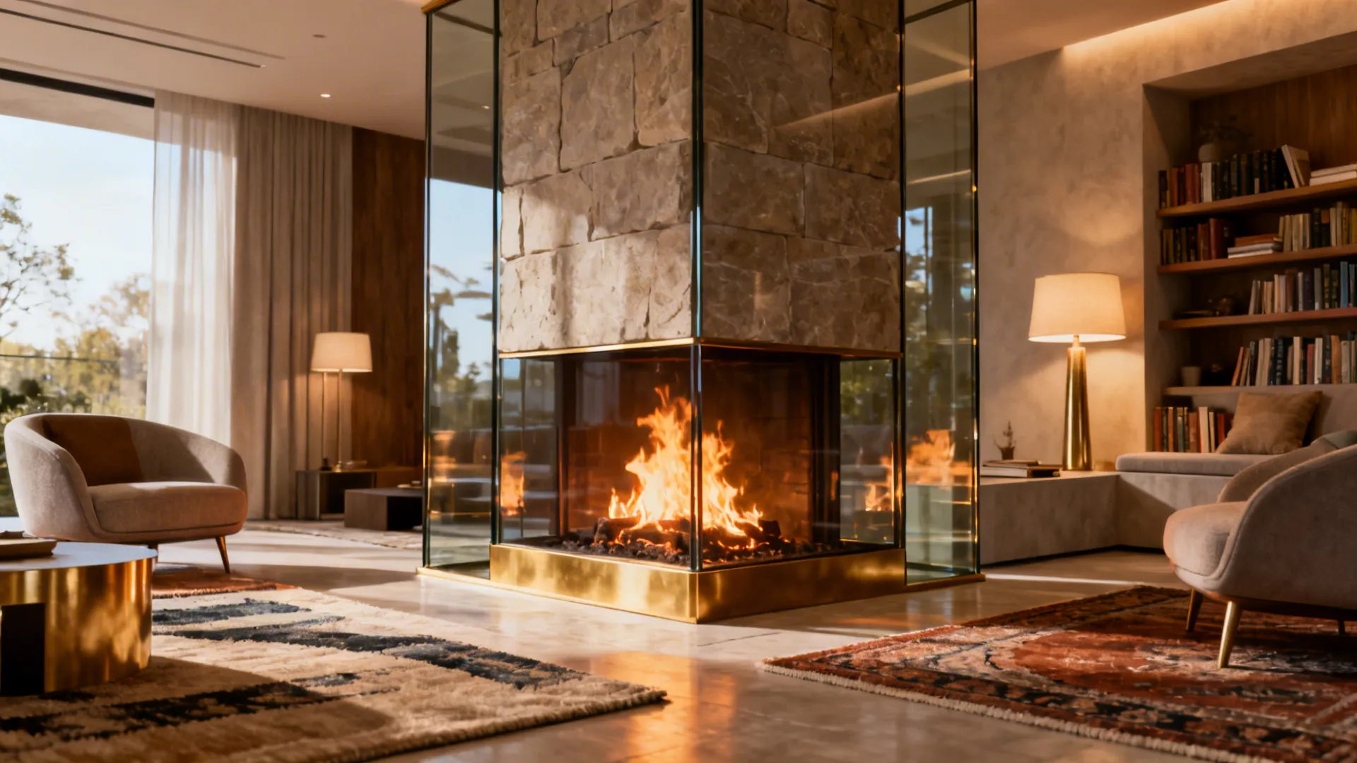 Glass-enclosed corner fireplace serving as a divider between a living room and a reading nook.