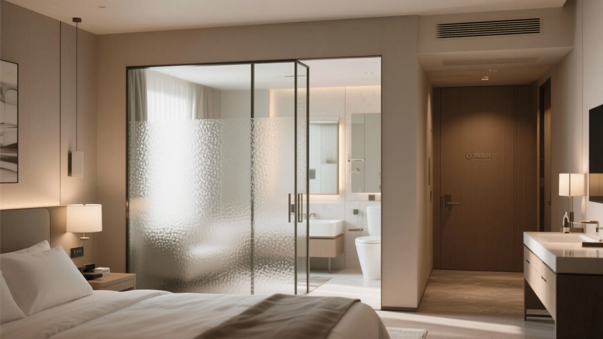 Modern hotel room featuring a glass wall partition between the bedroom and the white bathroom