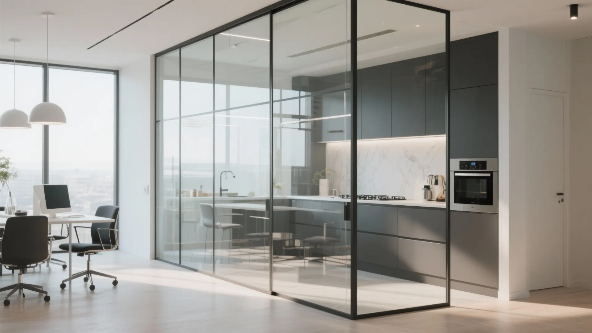 Large glass wall separating a modern black kitchen from a bright home office with desks