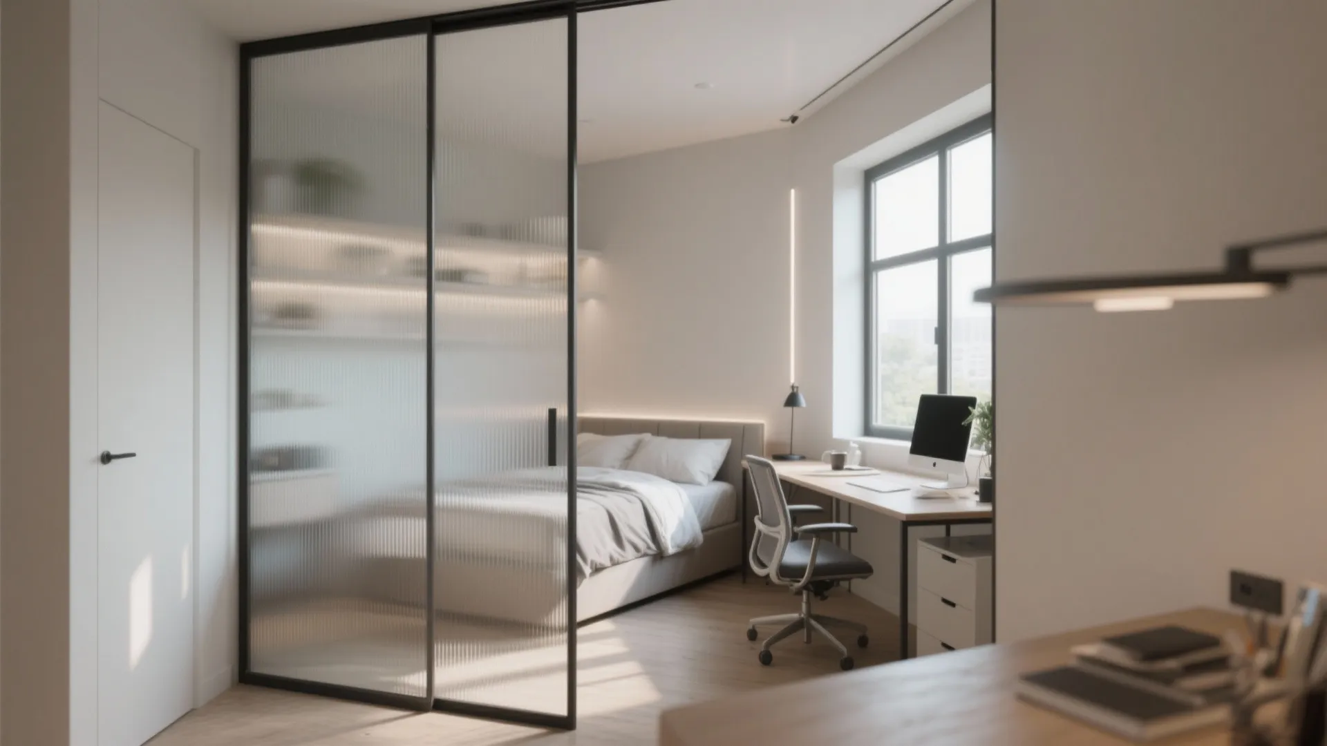 Glass sliding door separating a bedroom from a workspace with desk, chair, and bright window