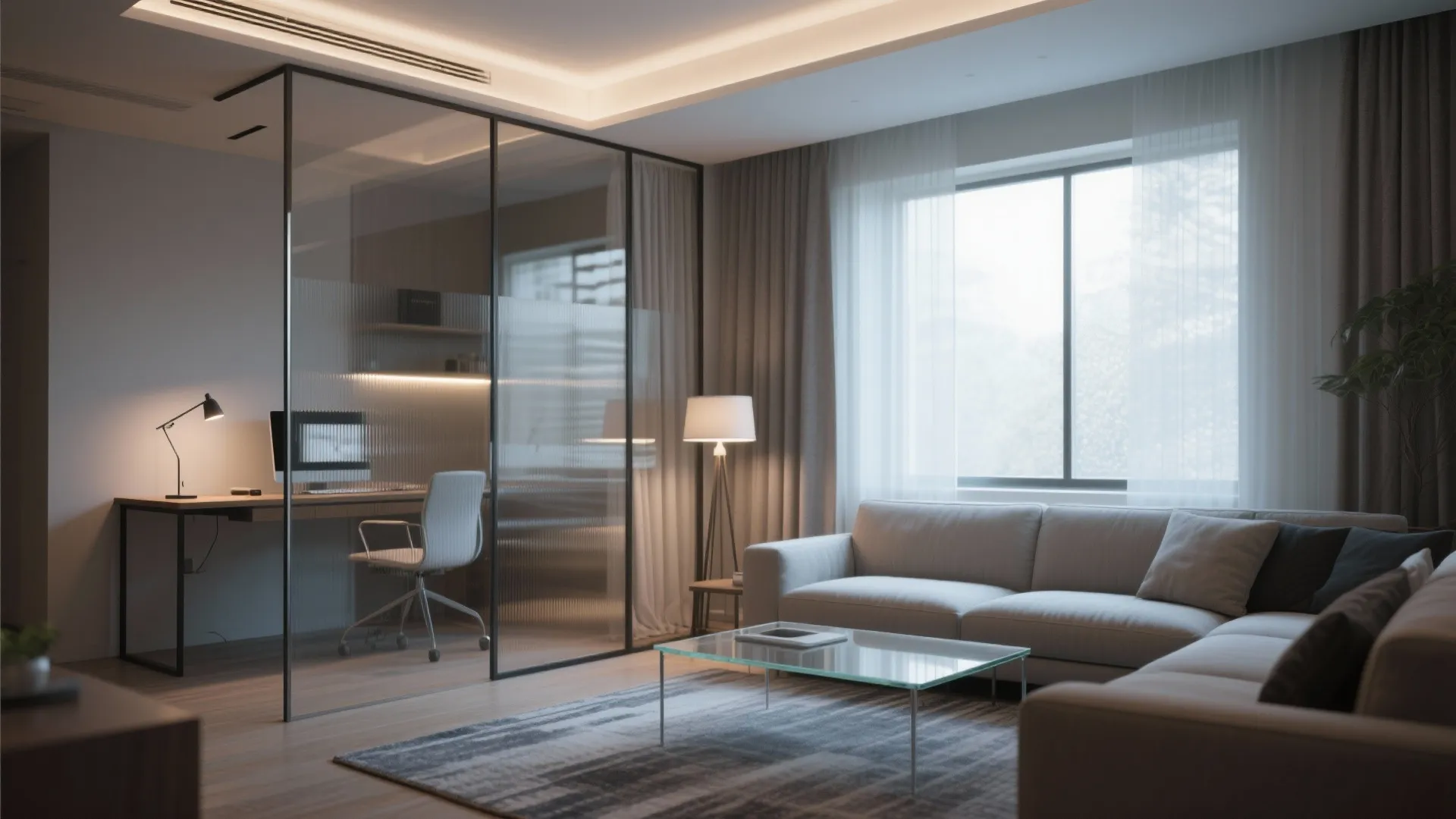 5. Transparent Dividers and Layered Lighting to Define Zones