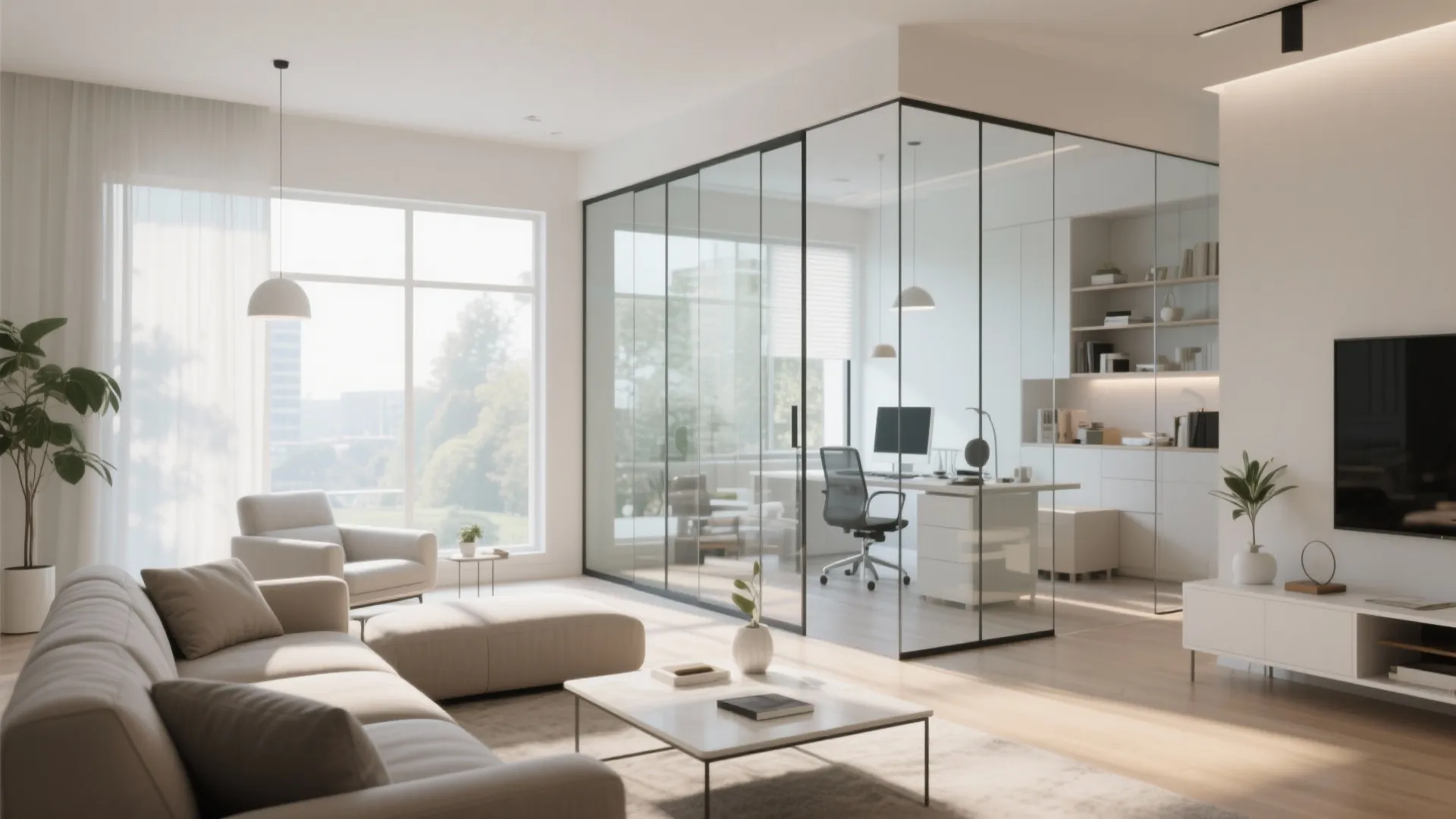 Glass wall divider separating modern living room from home office with white desk and chair