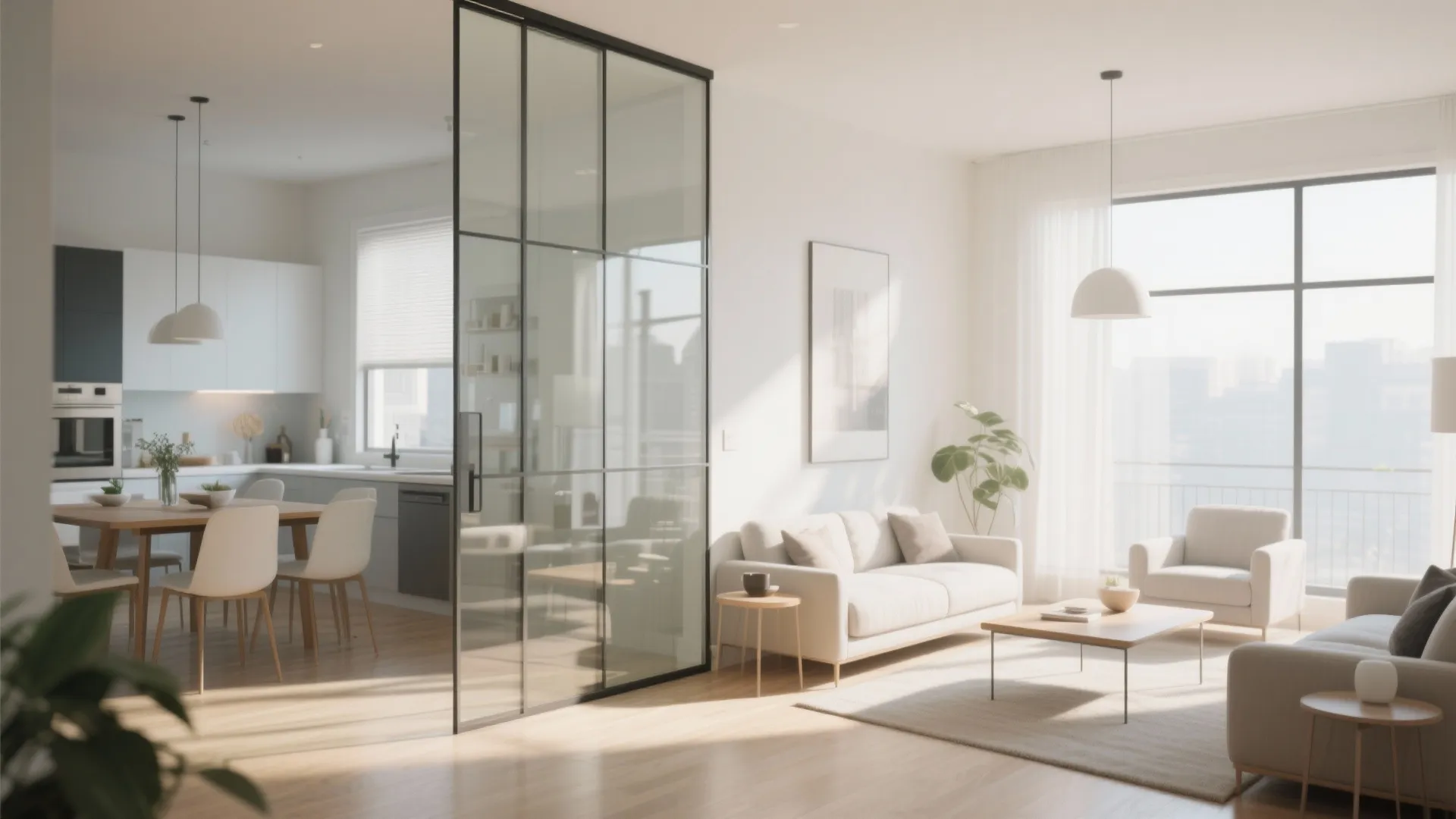Open plan living room and kitchen separated by a glass wall with black metal frame