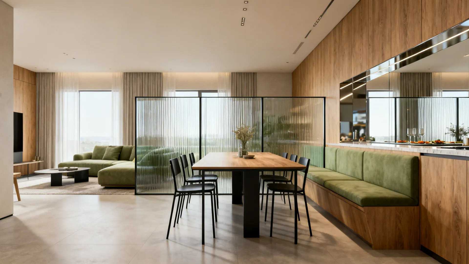 Low-iron glass divider with slim black frame separates living sofa from dining table while reflecting light.