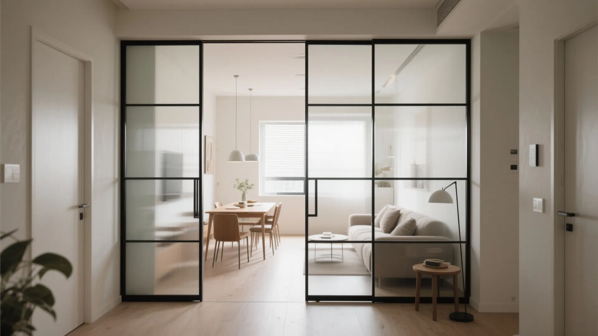 Modern living room with black metal glass sliding doors between the dining area and sofa